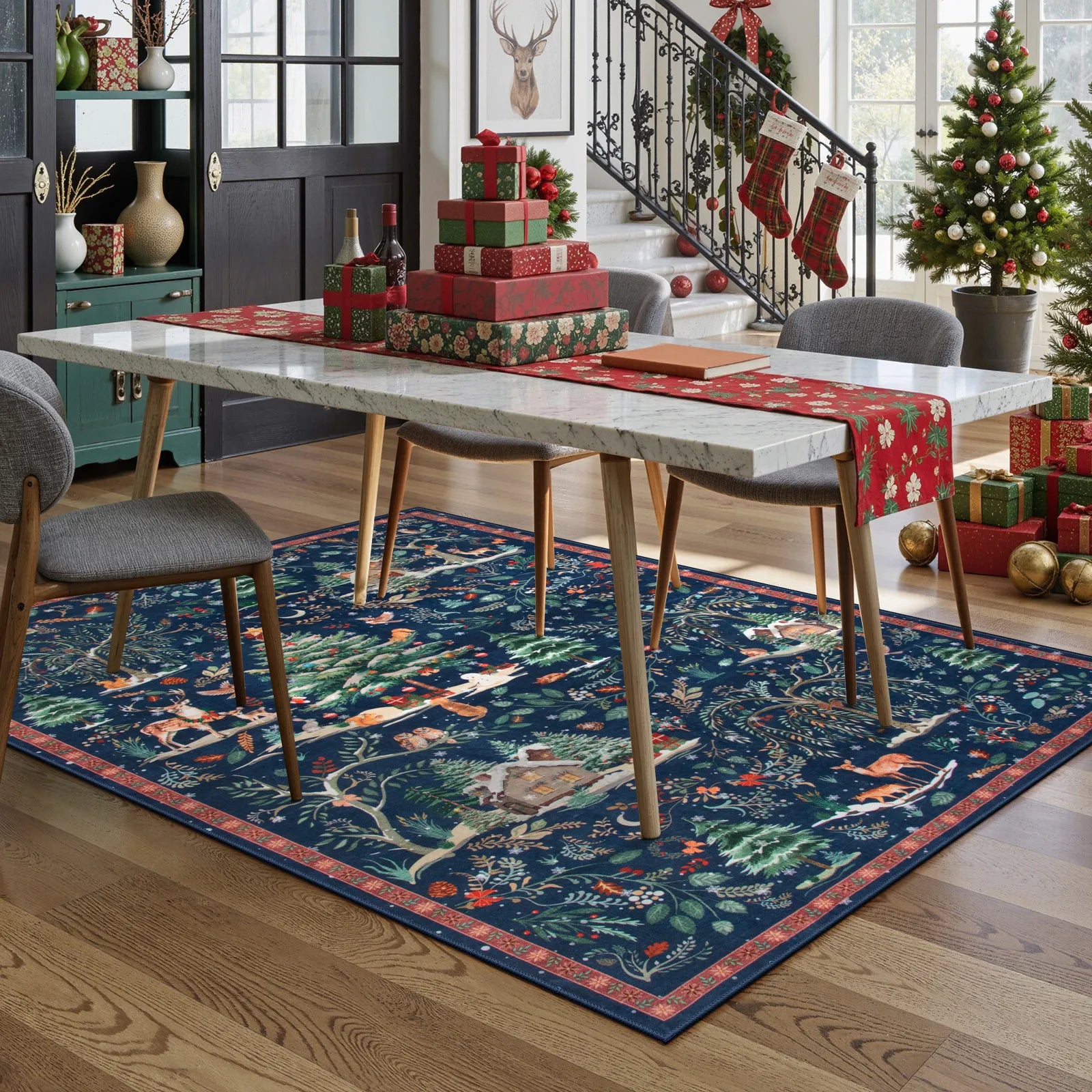 Jocelyn Christmas Washable Winter Woodland Cabin Blue Rug Area Rugs Lahome