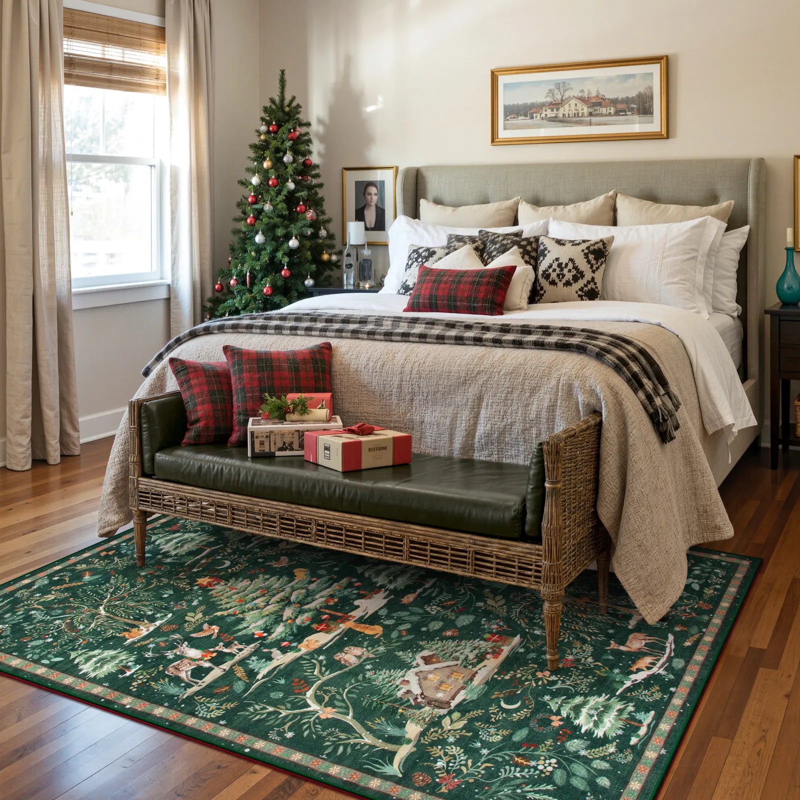 Jocelyn Christmas Washable Winter Woodland Cabin Green Rug Area Rugs Lahome