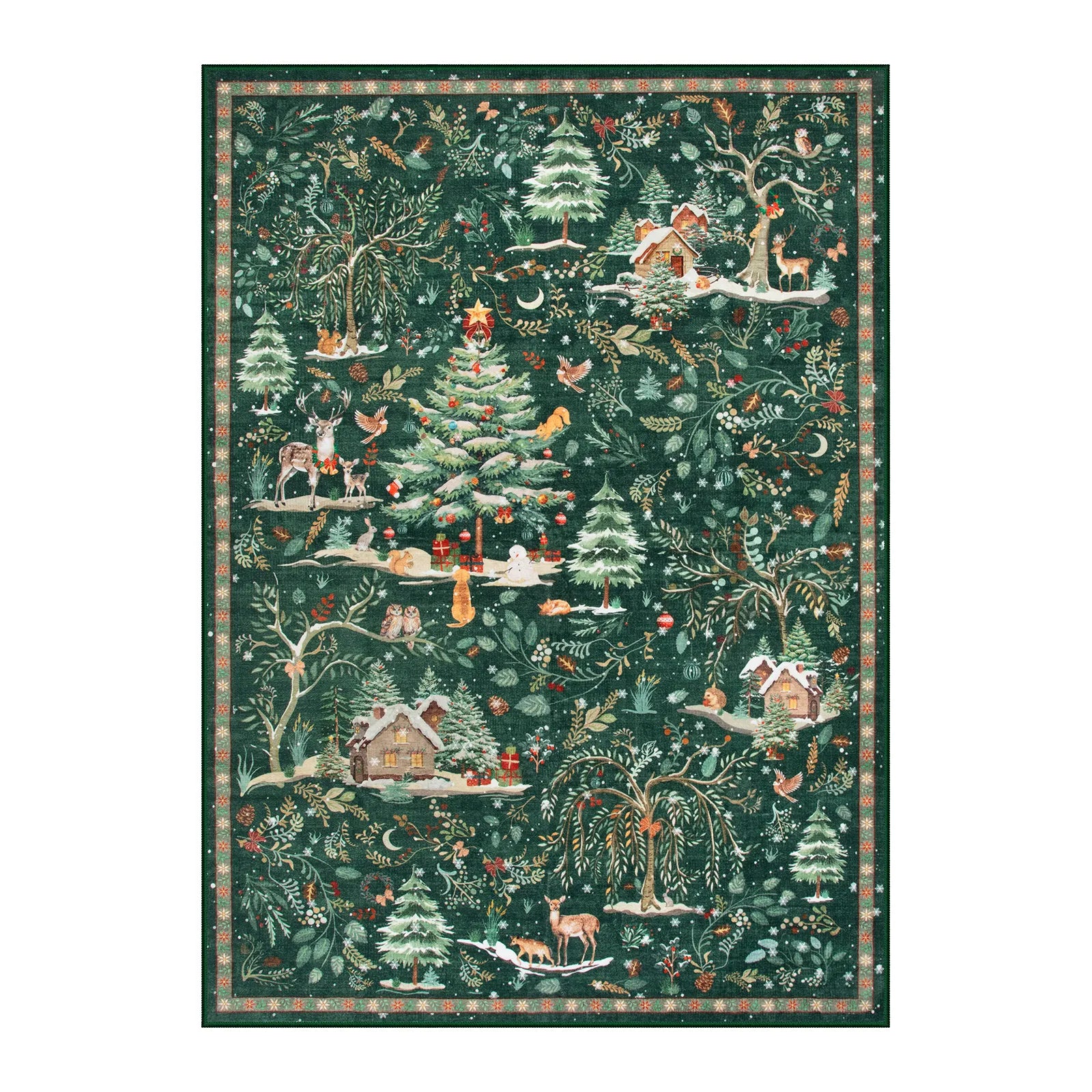 Jocelyn Christmas Washable Winter Woodland Cabin Green Rug Area Rugs Lahome
