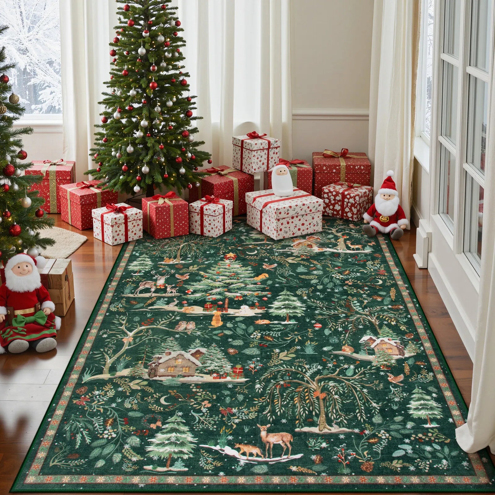 Jocelyn Christmas Washable Winter Woodland Cabin Green Rug Area Rugs Lahome