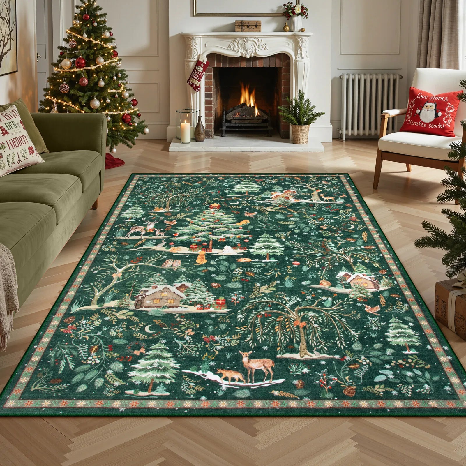 Jocelyn Christmas Washable Winter Woodland Cabin Green Rug Area Rugs Lahome 5' x 7'