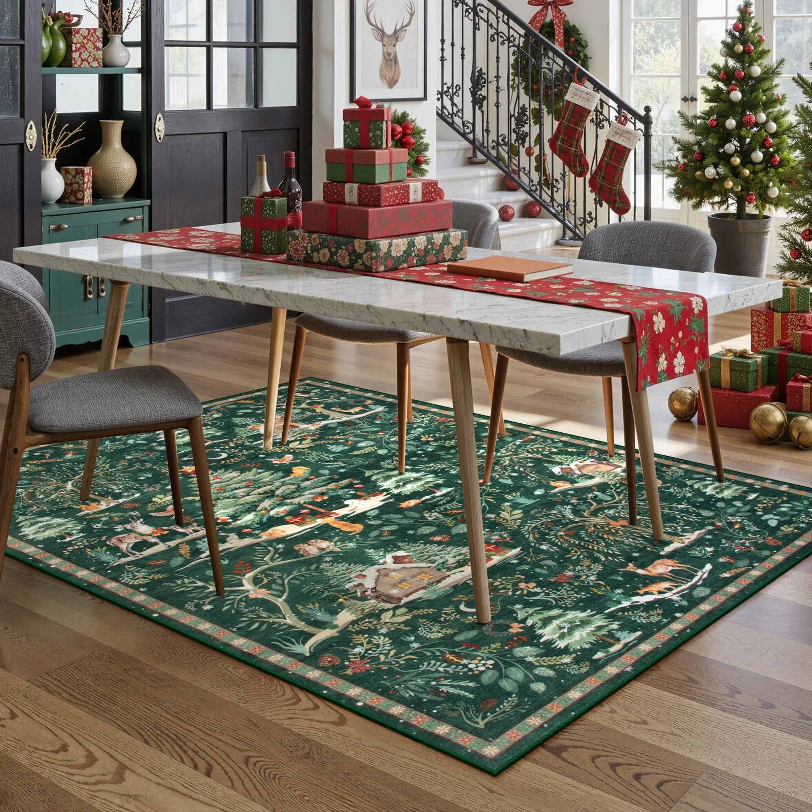 Jocelyn Christmas Washable Winter Woodland Cabin Green Rug Area Rugs Lahome