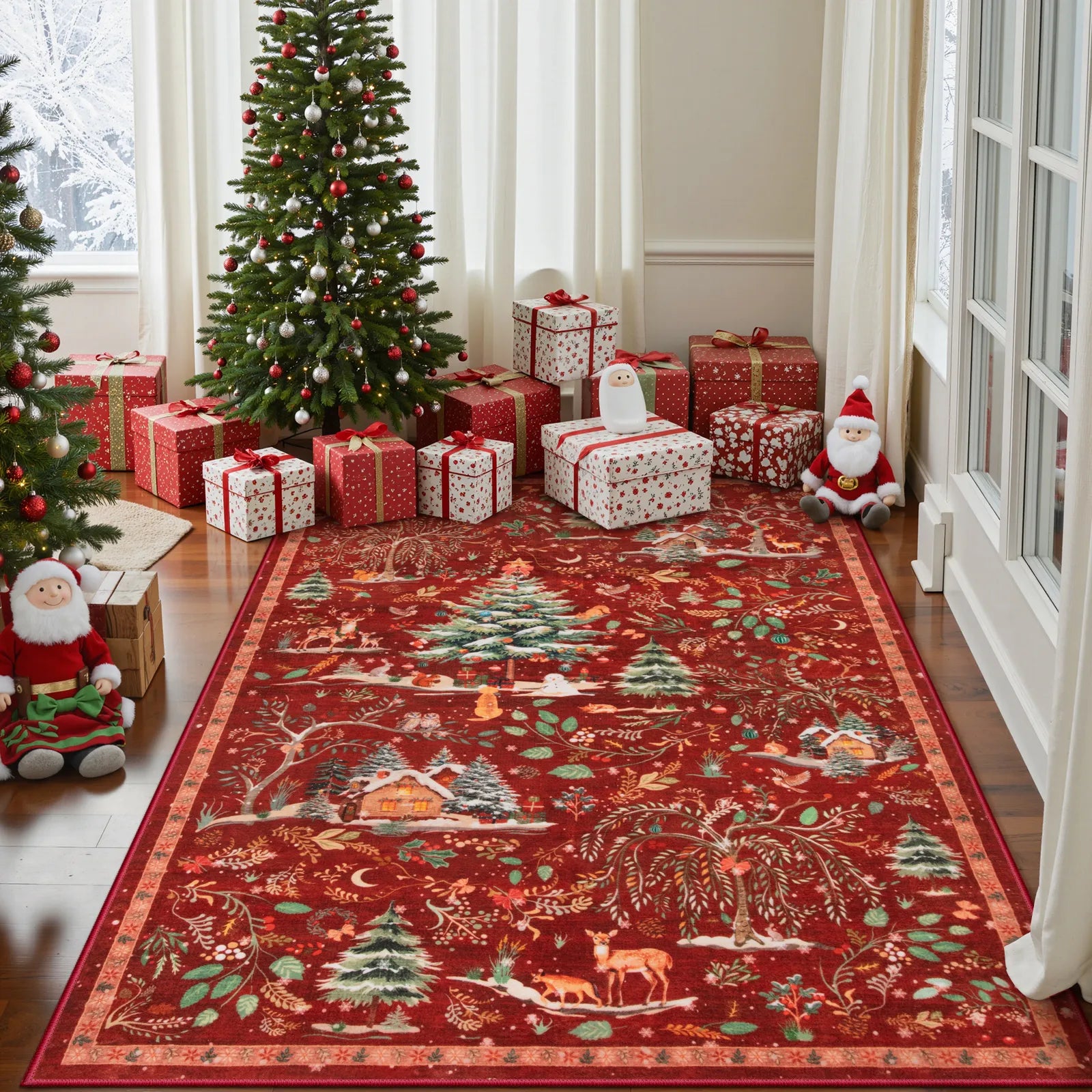 Jocelyn Christmas Washable Winter Woodland Cabin Red Rug Area Rugs Lahome 5' x 7'