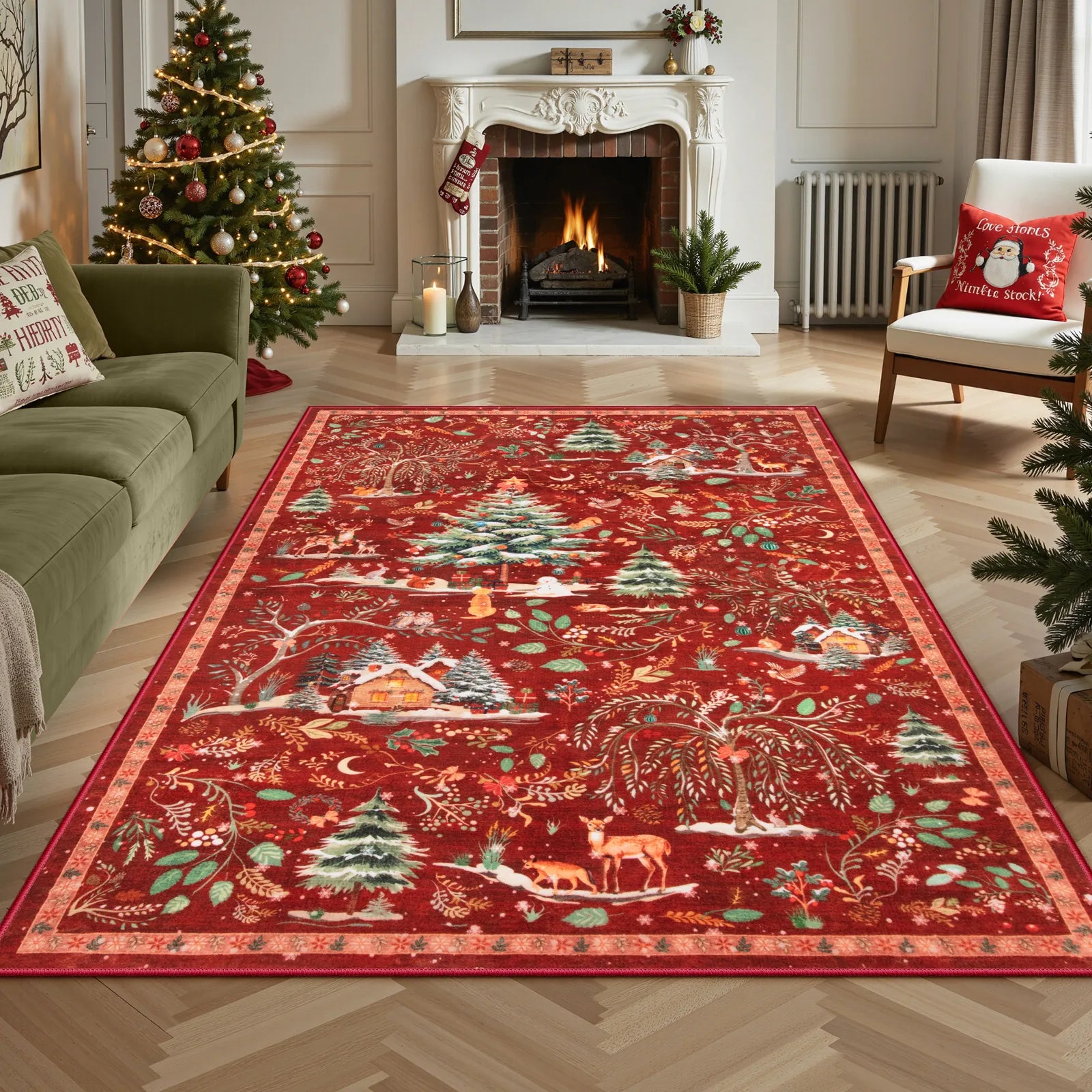 Jocelyn Christmas Washable Winter Woodland Cabin Red Rug Area Rugs Lahome
