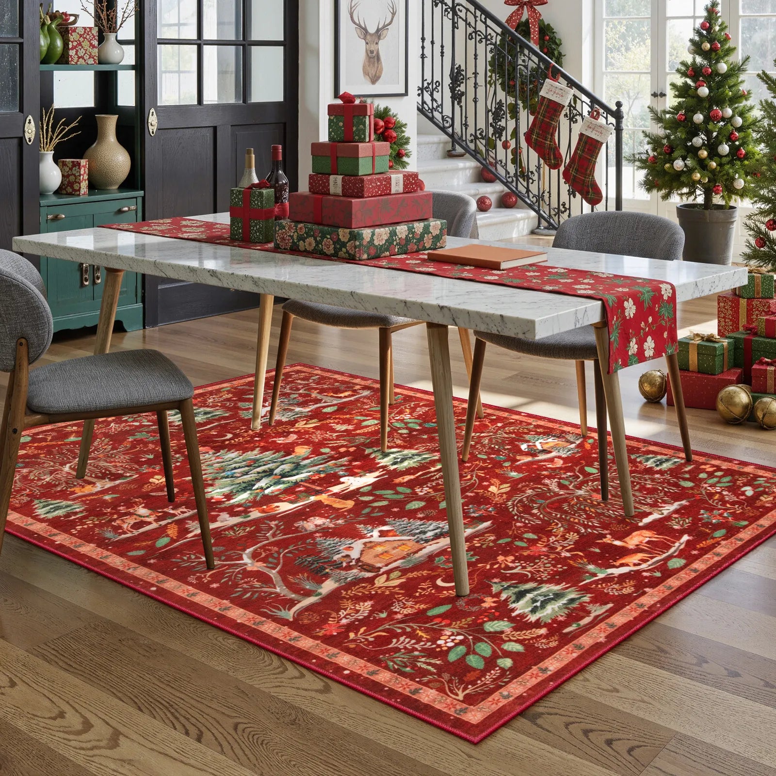 Jocelyn Christmas Washable Winter Woodland Cabin Red Rug Area Rugs Lahome