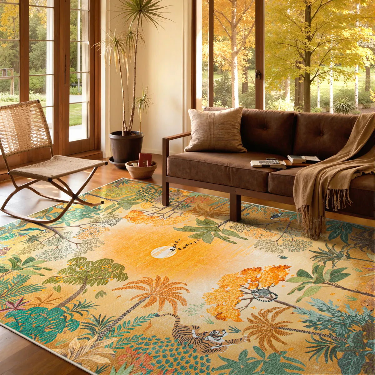 Jovence Washable Jungle Fall Sunrise Orange Area Rug Area Rugs Lahome 5' x 7'