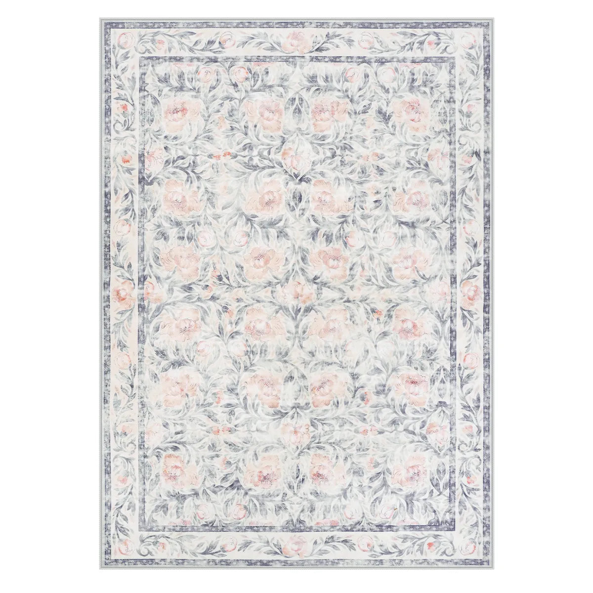 Liliane Washable Vintage Floral Grey Purple Rug Rugs Lahome
