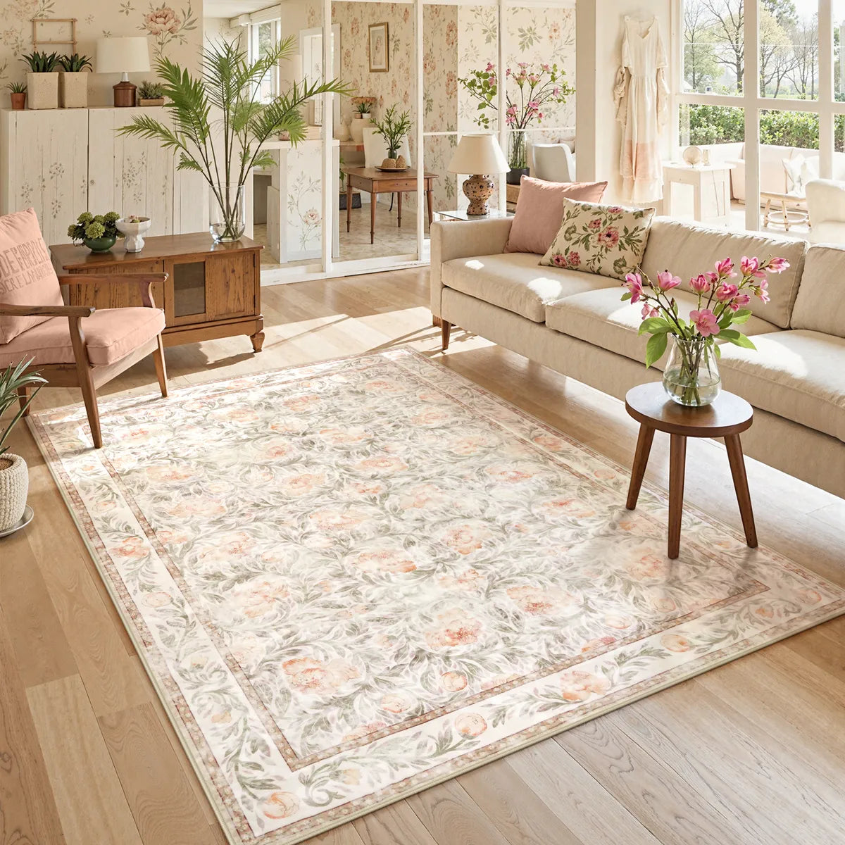 Liliane Washable Vintage Floral Pink Rug Rugs Lahome 5' x 7'