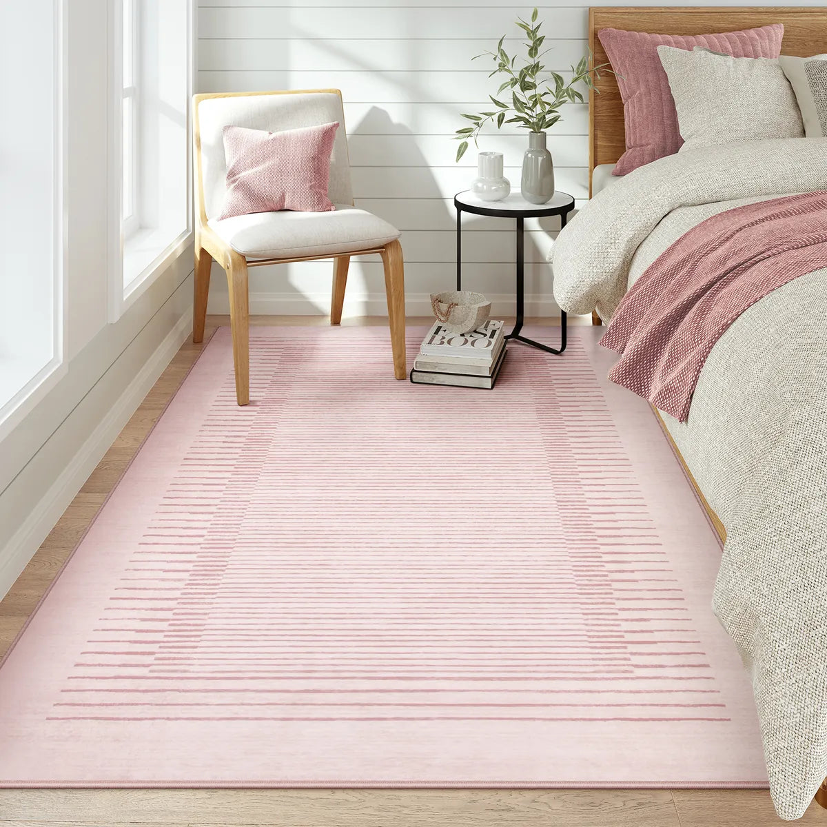 Linea Washable Modern Minimalist Line Pink Rug Rugs Lahome 5' x 7'