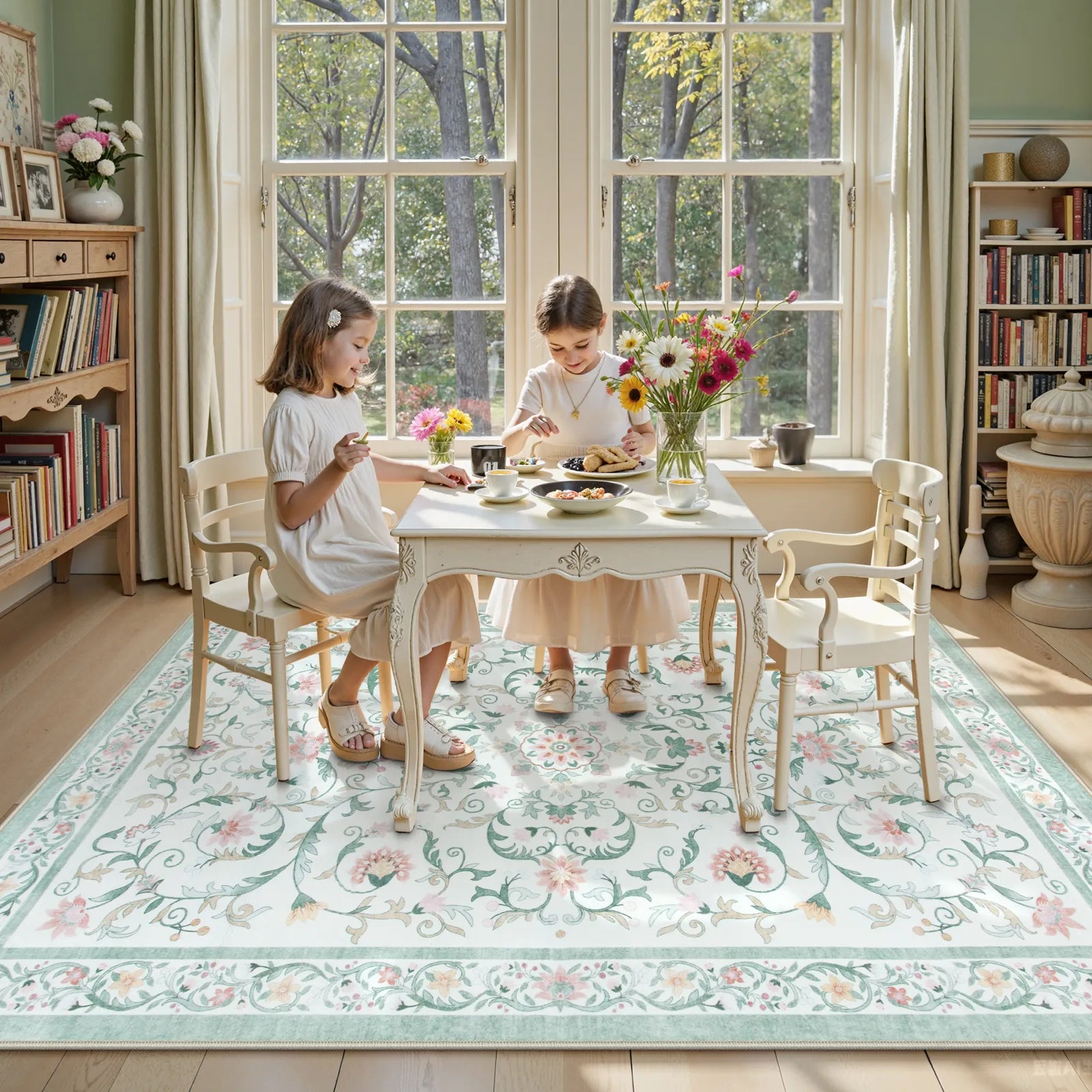 Lorevie Washable Boho vintage Garden Floral Green Rug Rugs Lahome