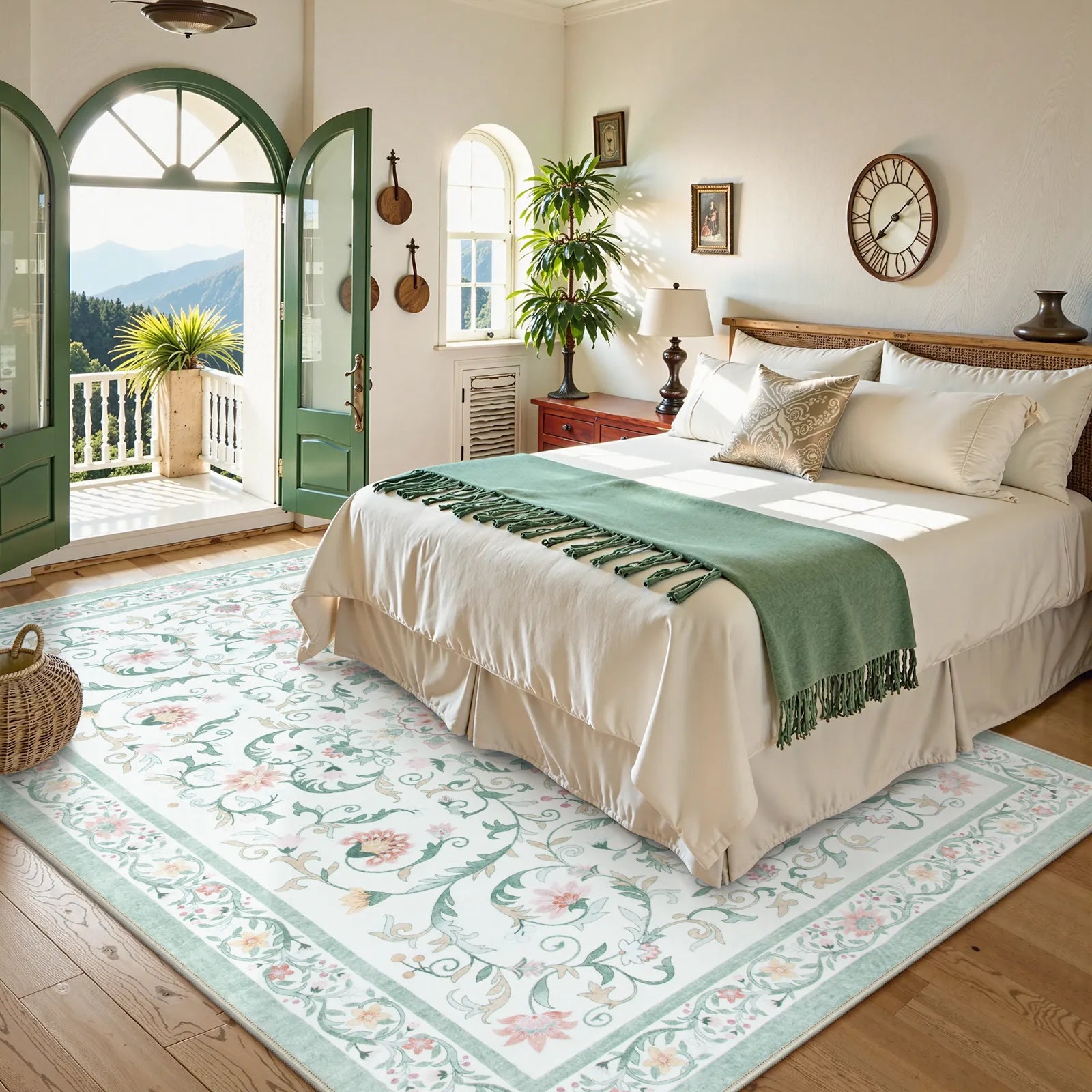 Lorevie Washable Boho vintage Garden Floral Green Rug Rugs Lahome