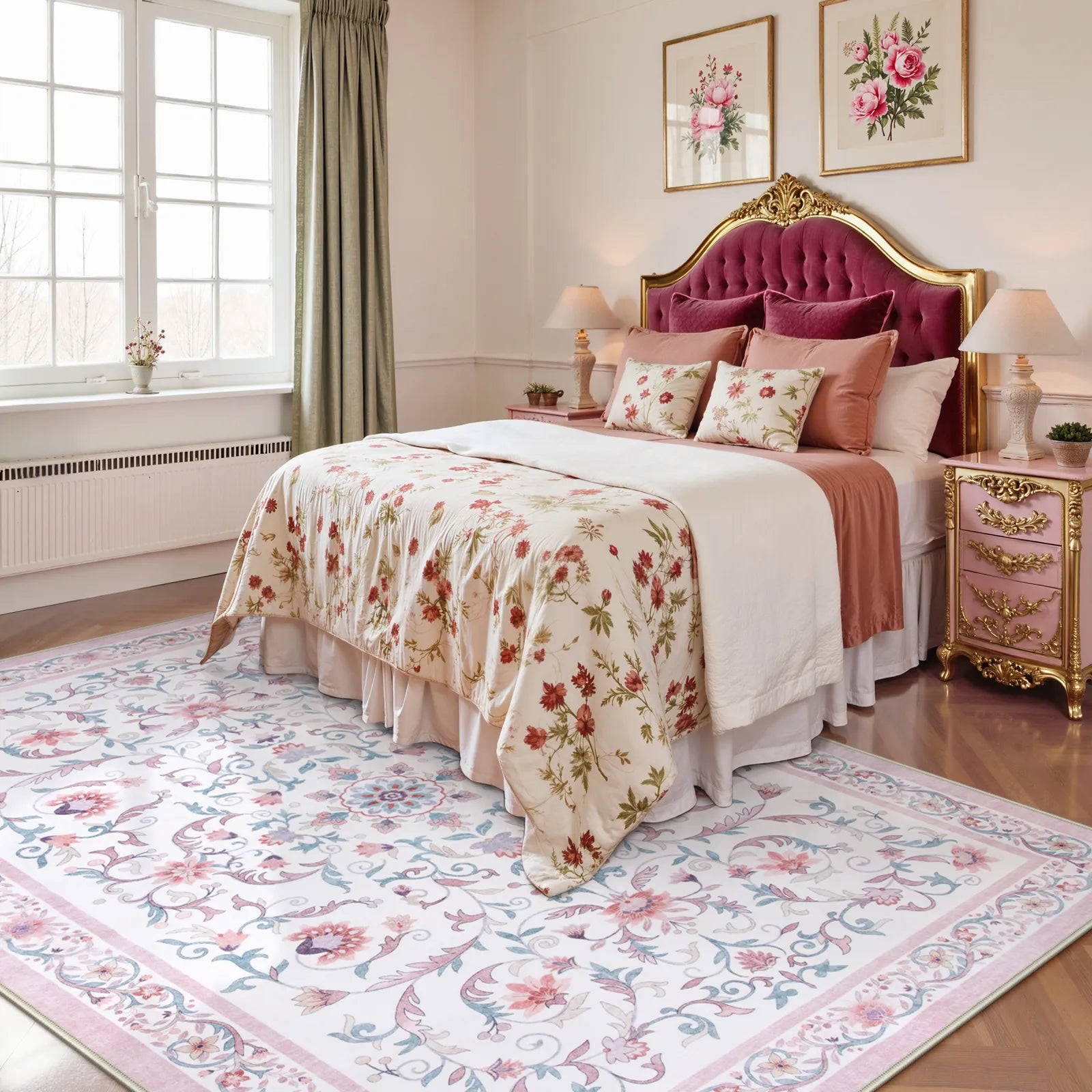 Lorevie Washable Boho vintage Garden Floral Pink Rug Rugs Lahome