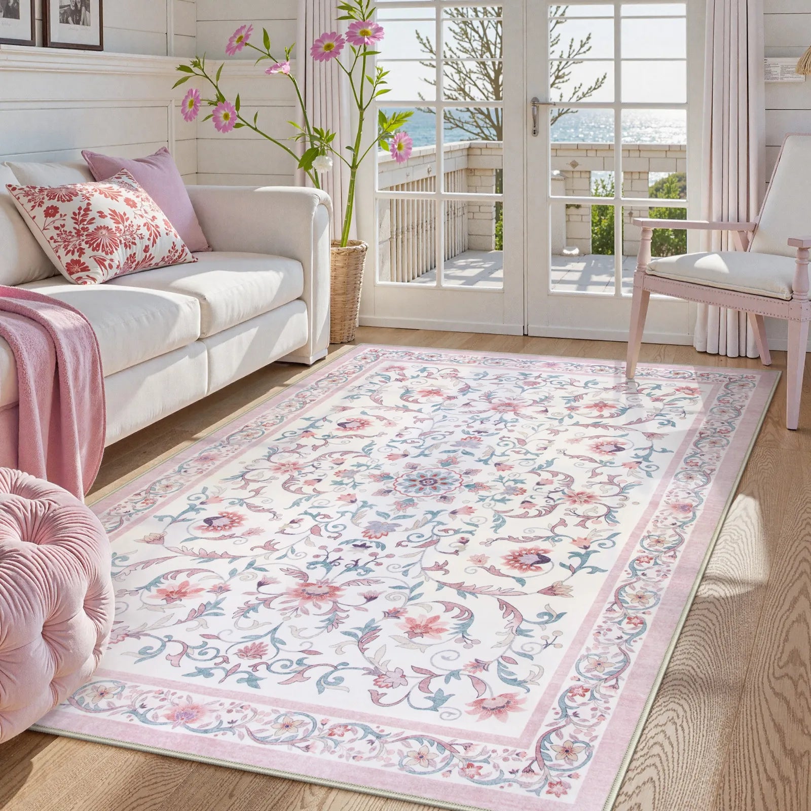 Lorevie Washable Boho vintage Garden Floral Pink Rug Rugs Lahome 5' x 7'