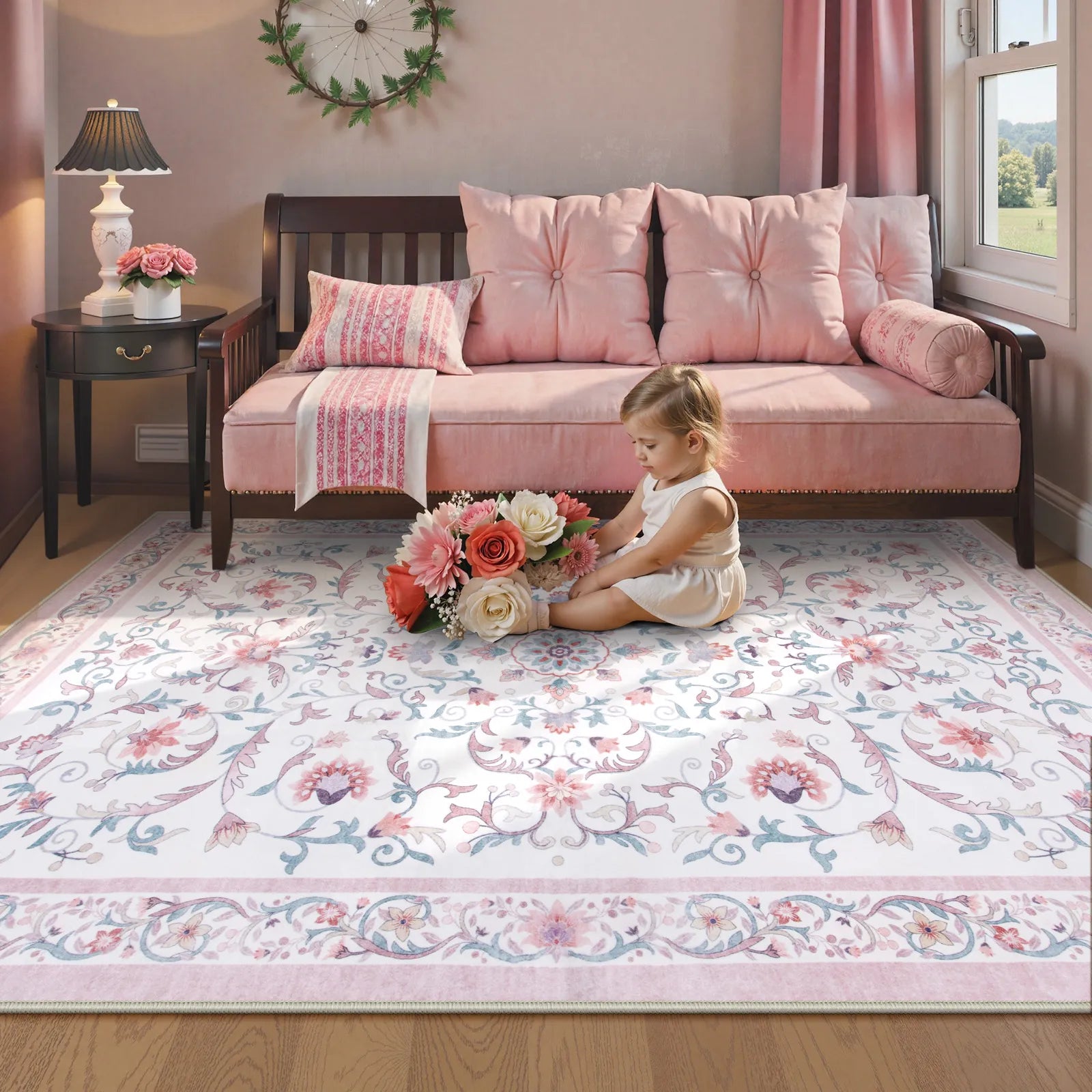 Lorevie Washable Boho vintage Garden Floral Pink Rug Rugs Lahome