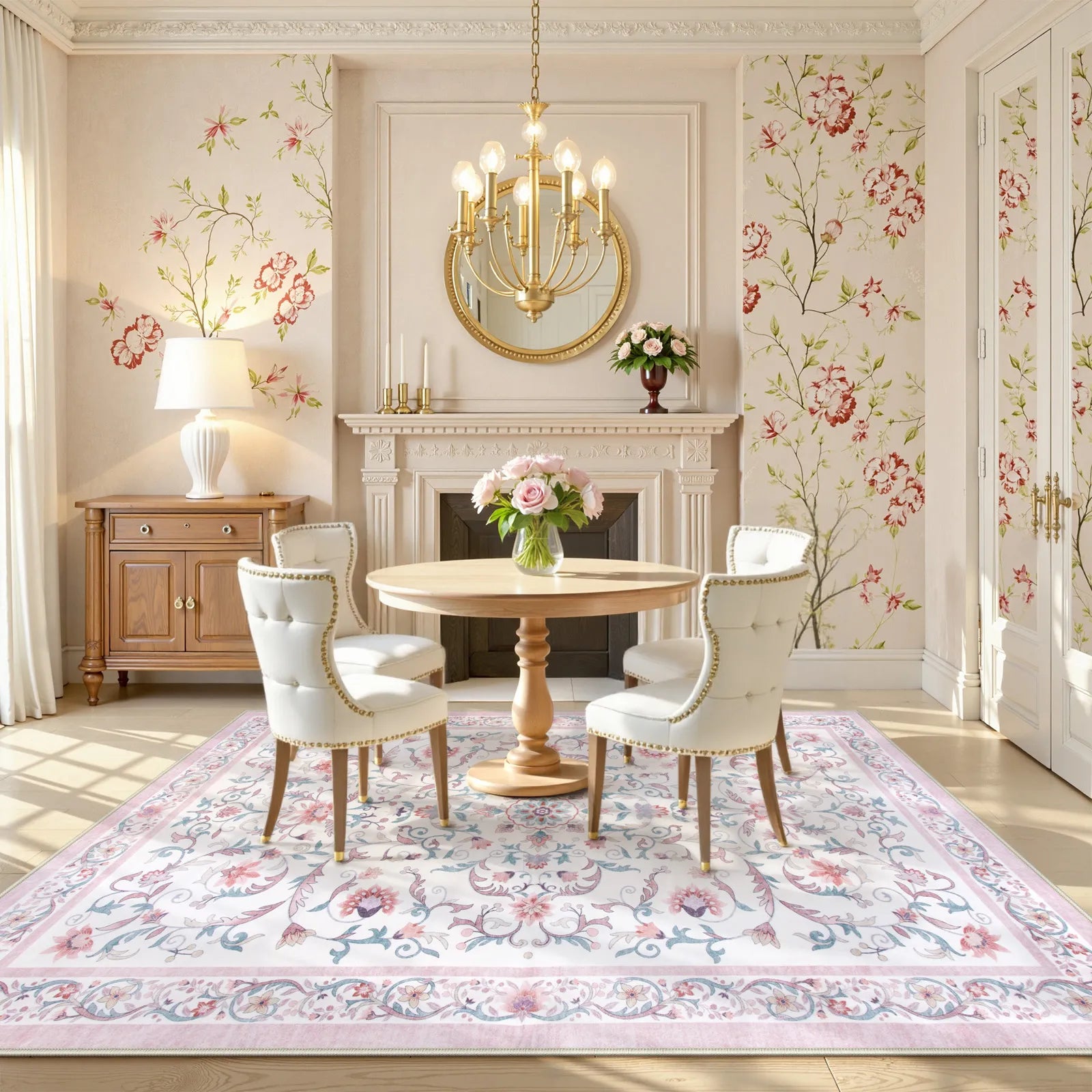 Lorevie Washable Boho vintage Garden Floral Pink Rug Rugs Lahome