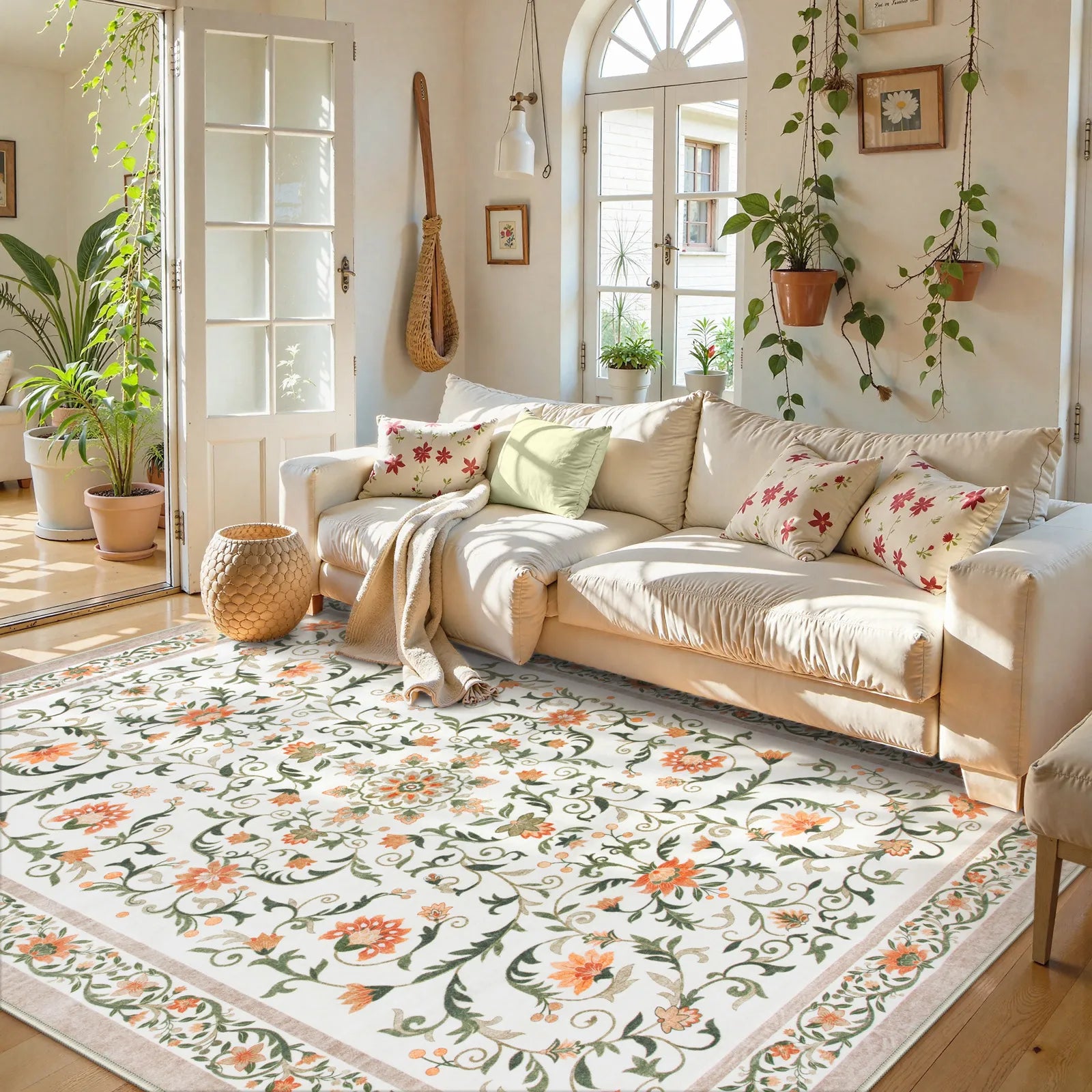 Lorevie Washable Boho vintage Garden Floral Beige Rug Rugs Lahome 5' x 7'