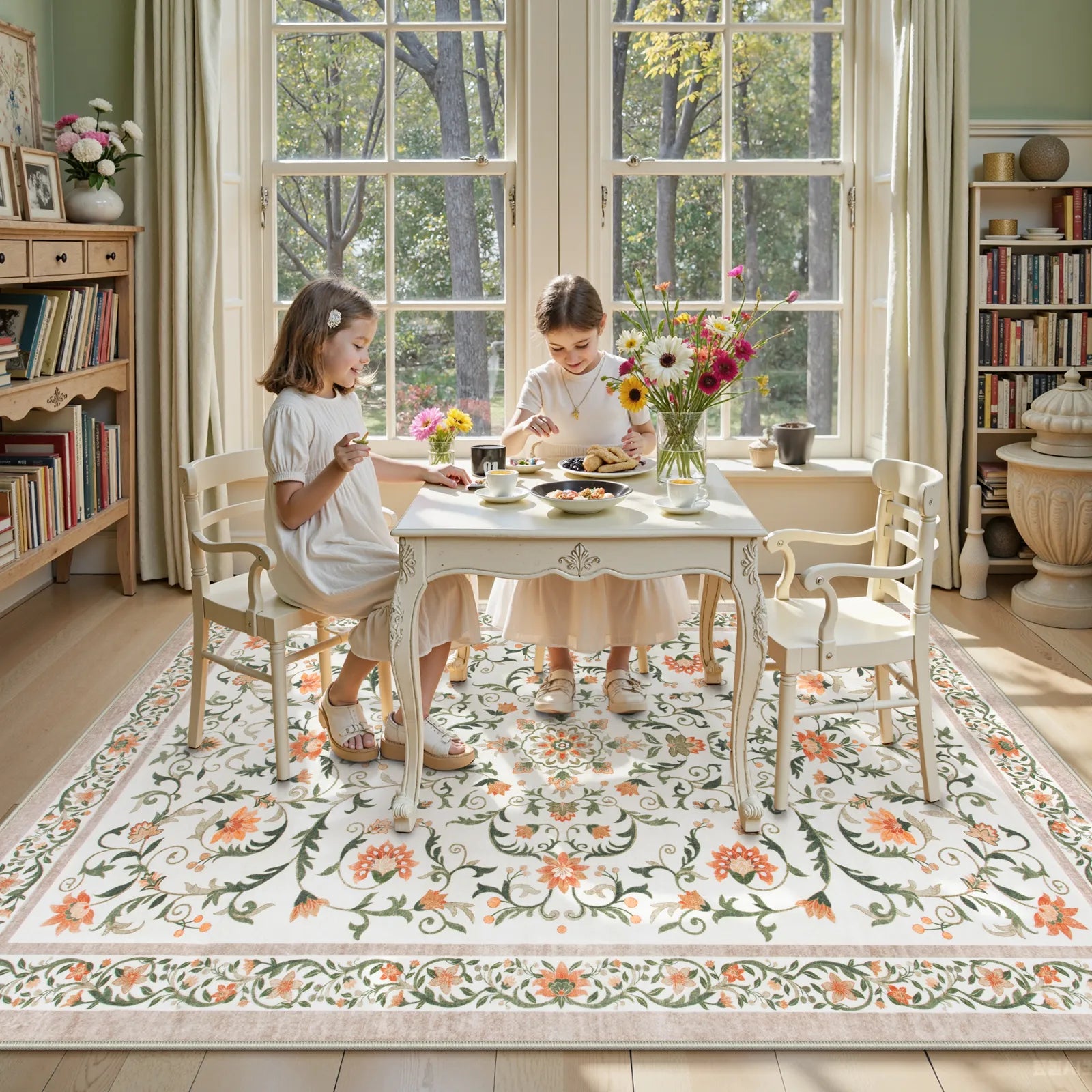 Lorevie Washable Boho vintage Garden Floral Beige Rug Rugs Lahome