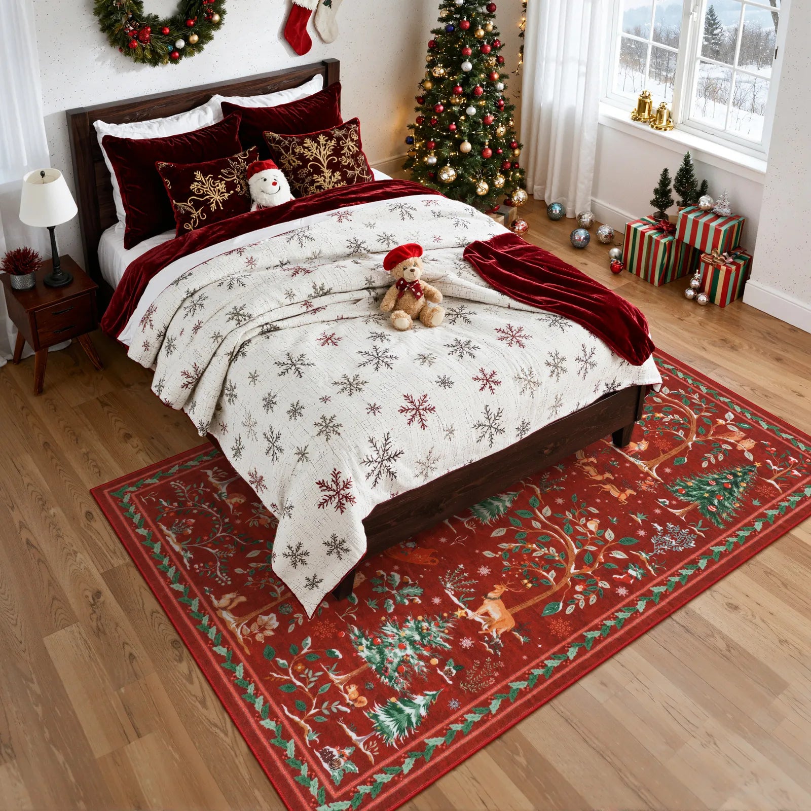 Lumiere Christmas Washable Classic Deer Woodland Red Rug Area Rugs Lahome