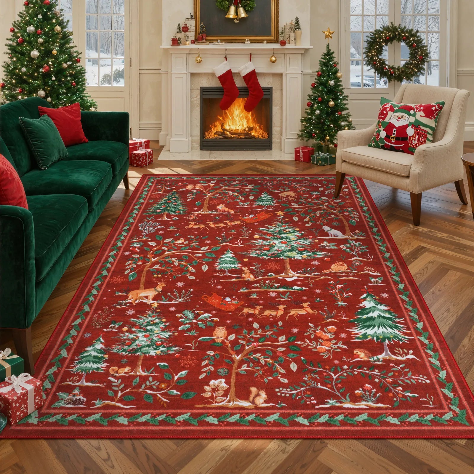 Lumiere Christmas Washable Classic Deer Woodland Red Rug Area Rugs Lahome 5' x 7'