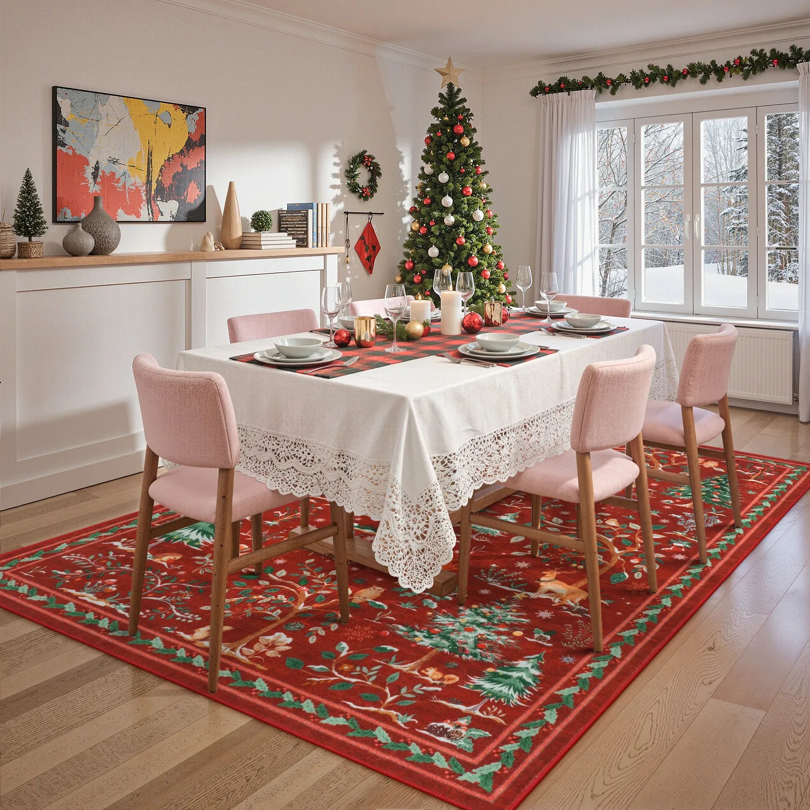 Lumiere Christmas Washable Classic Deer Woodland Red Rug Area Rugs Lahome