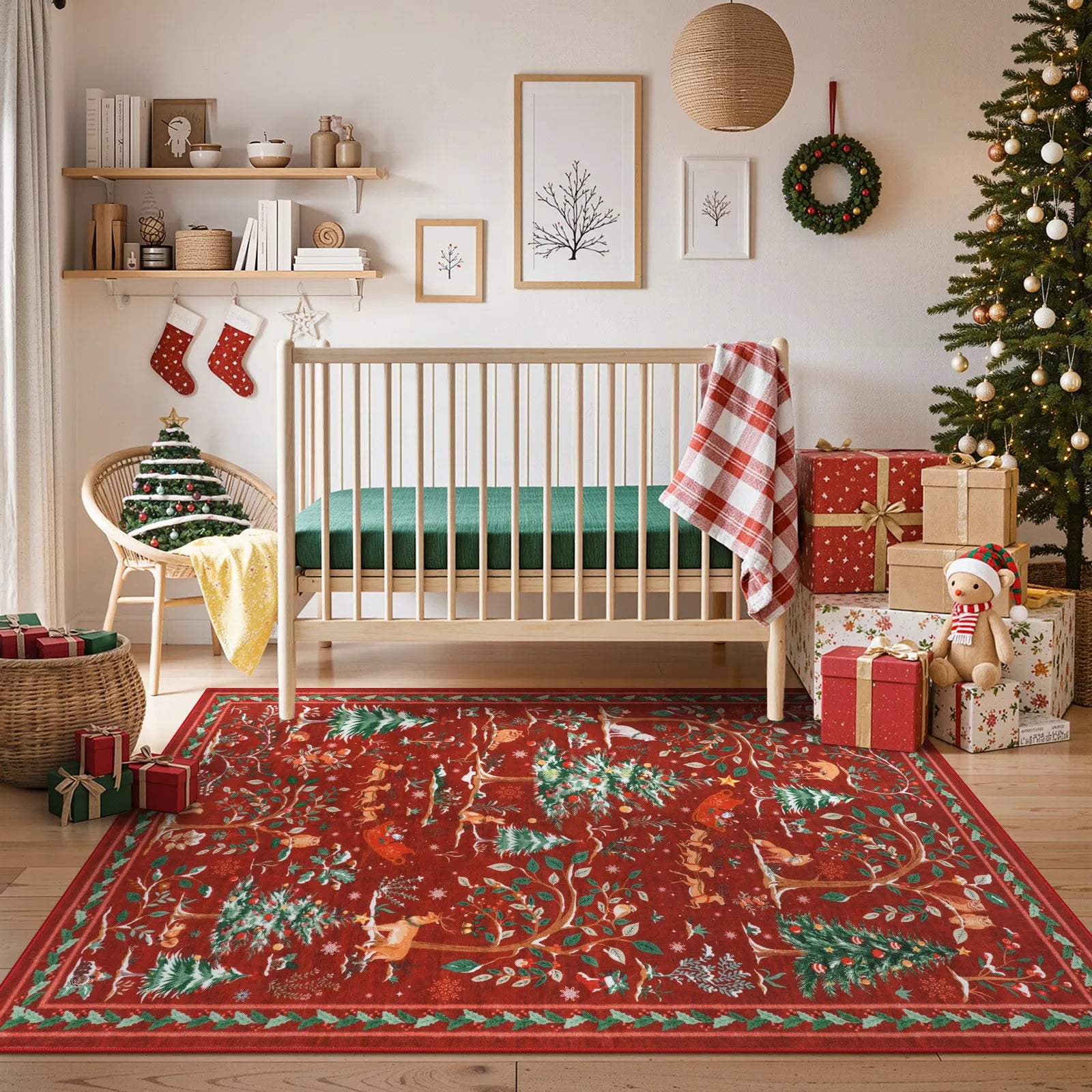 Lumiere Christmas Washable Classic Deer Woodland Red Rug Area Rugs Lahome