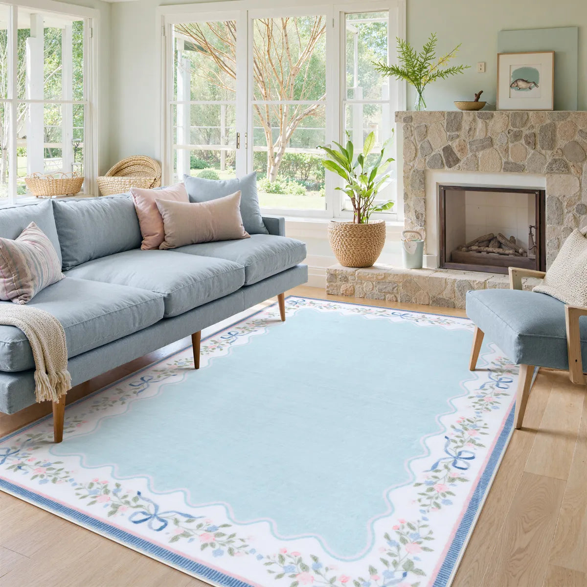 Maelis Washable Vintage Ribbon Blue Rug Rugs Lahome 5' x 7'