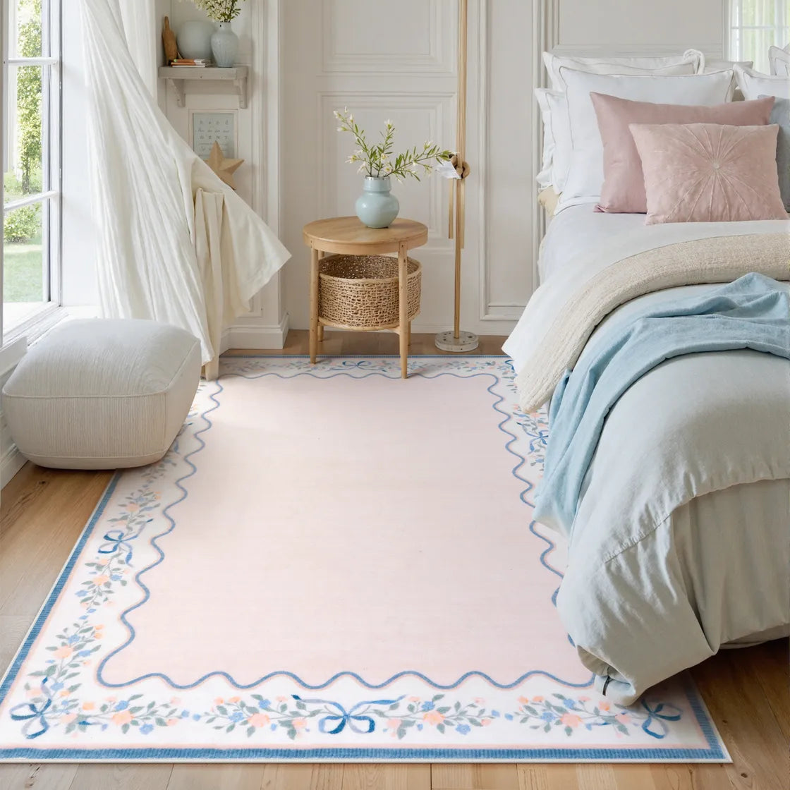 Maelis Washable Vintage Ribbon Pink Rug Rugs Lahome