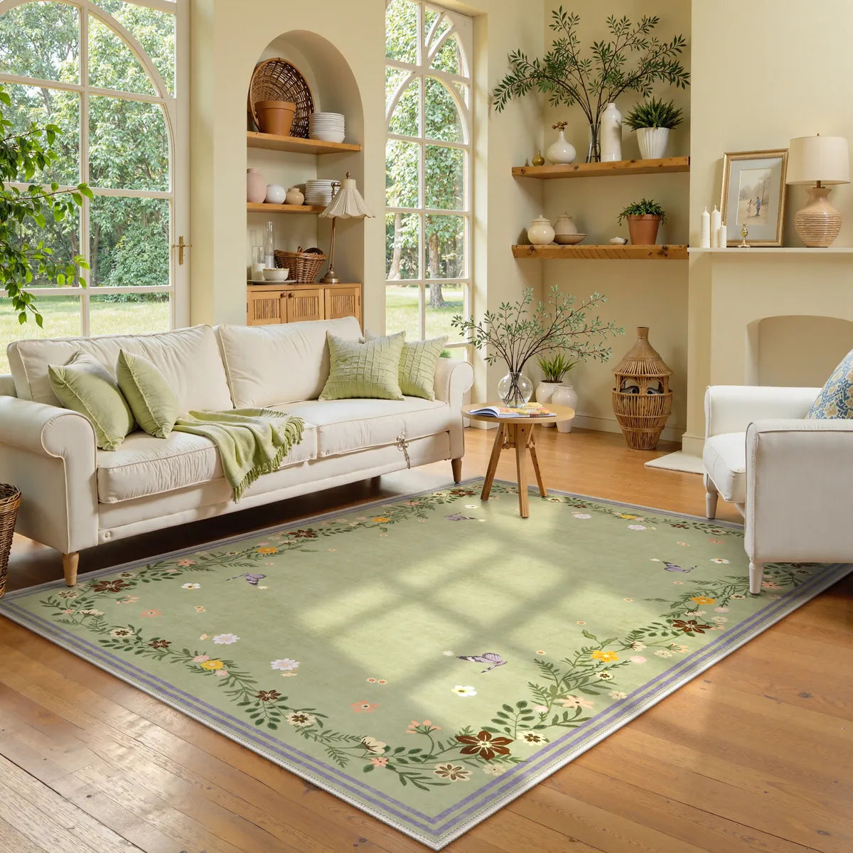 Maelle Washable Vintage Floral Border Green Area Rug Area Rugs Lahome 5' x 7'