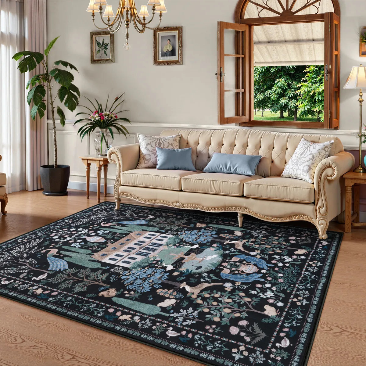 Maison Washable French Manor Floral Black Area Rug Area Rugs Lahome