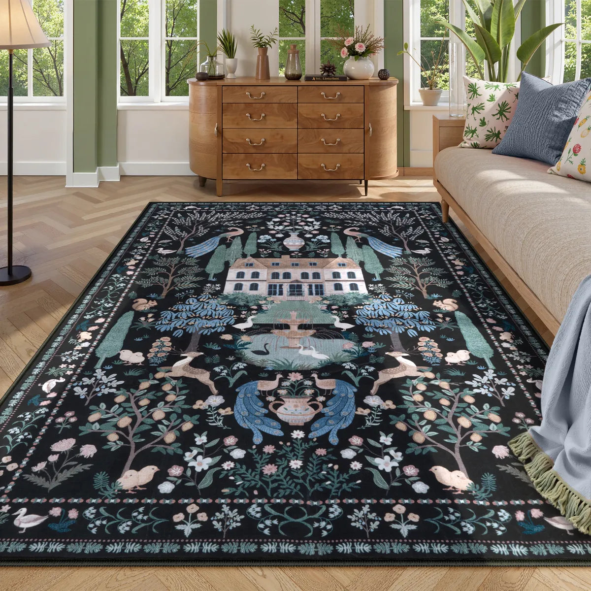 Maison Washable French Manor Floral Black Area Rug Area Rugs Lahome 5' x 7'