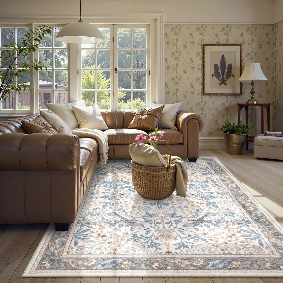 Marcel Washable Vintage Floral Bird Beige Green Rug Rugs Lahome