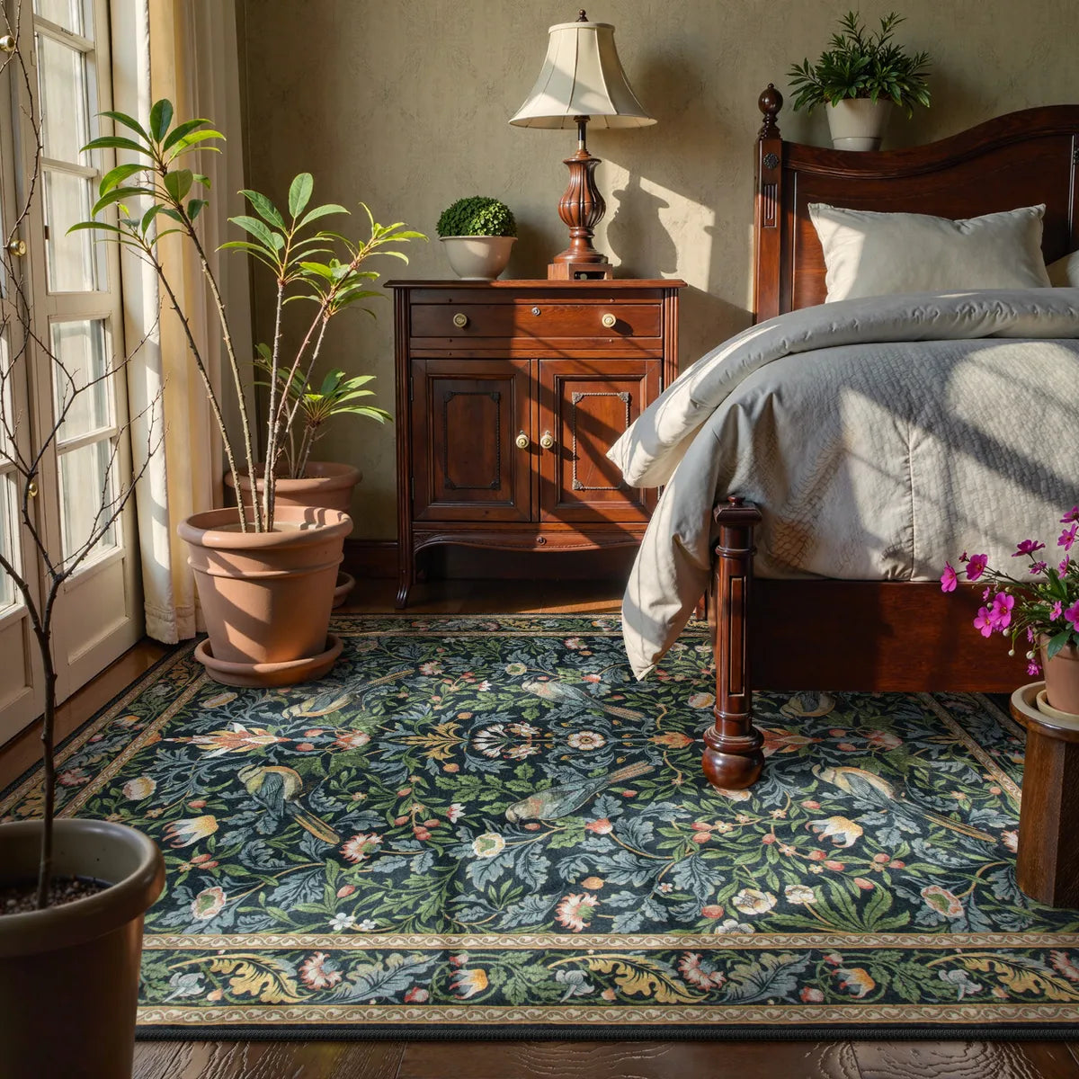 Marcel Washable Vintage Floral Bird Navy Blue Rug Area Rugs Lahome 8' x 10'