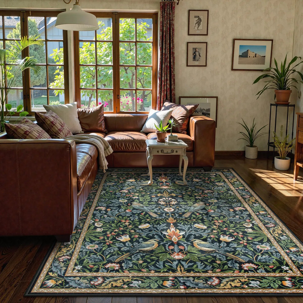 Marcel Washable Vintage Floral Bird Navy Blue Rug Area Rugs Lahome 5' x 7'