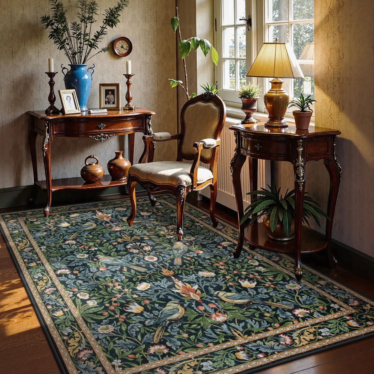 Marcel Washable Vintage Floral Bird Navy Blue Rug Area Rugs Lahome
