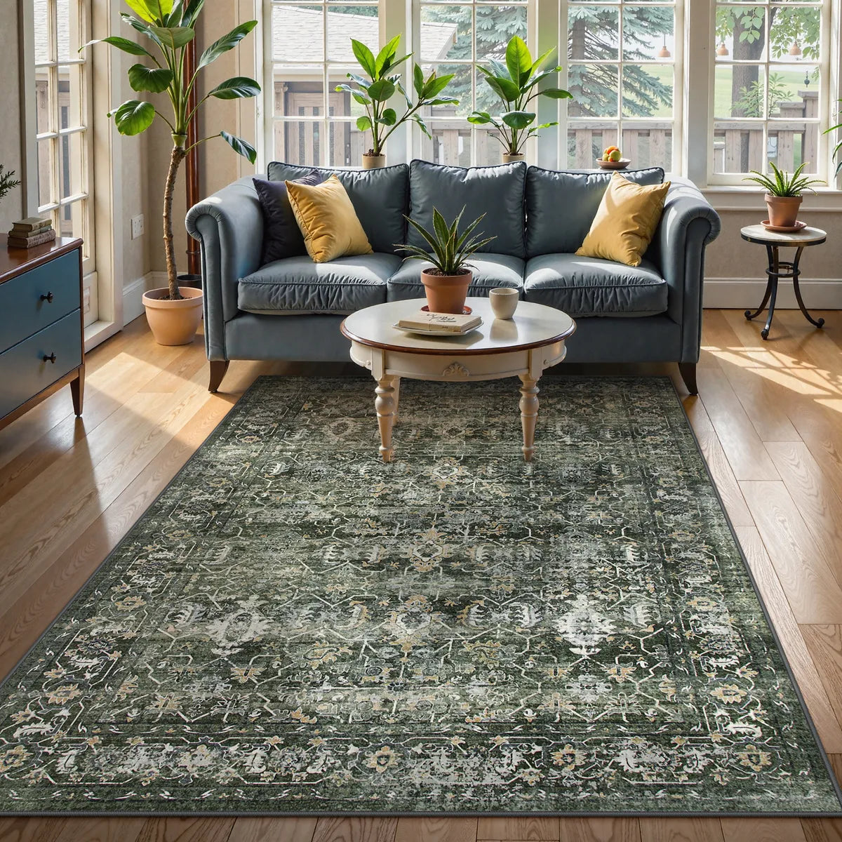 Margot Washable Vintage Distressed Dark Green Rug Area Rugs Lahome