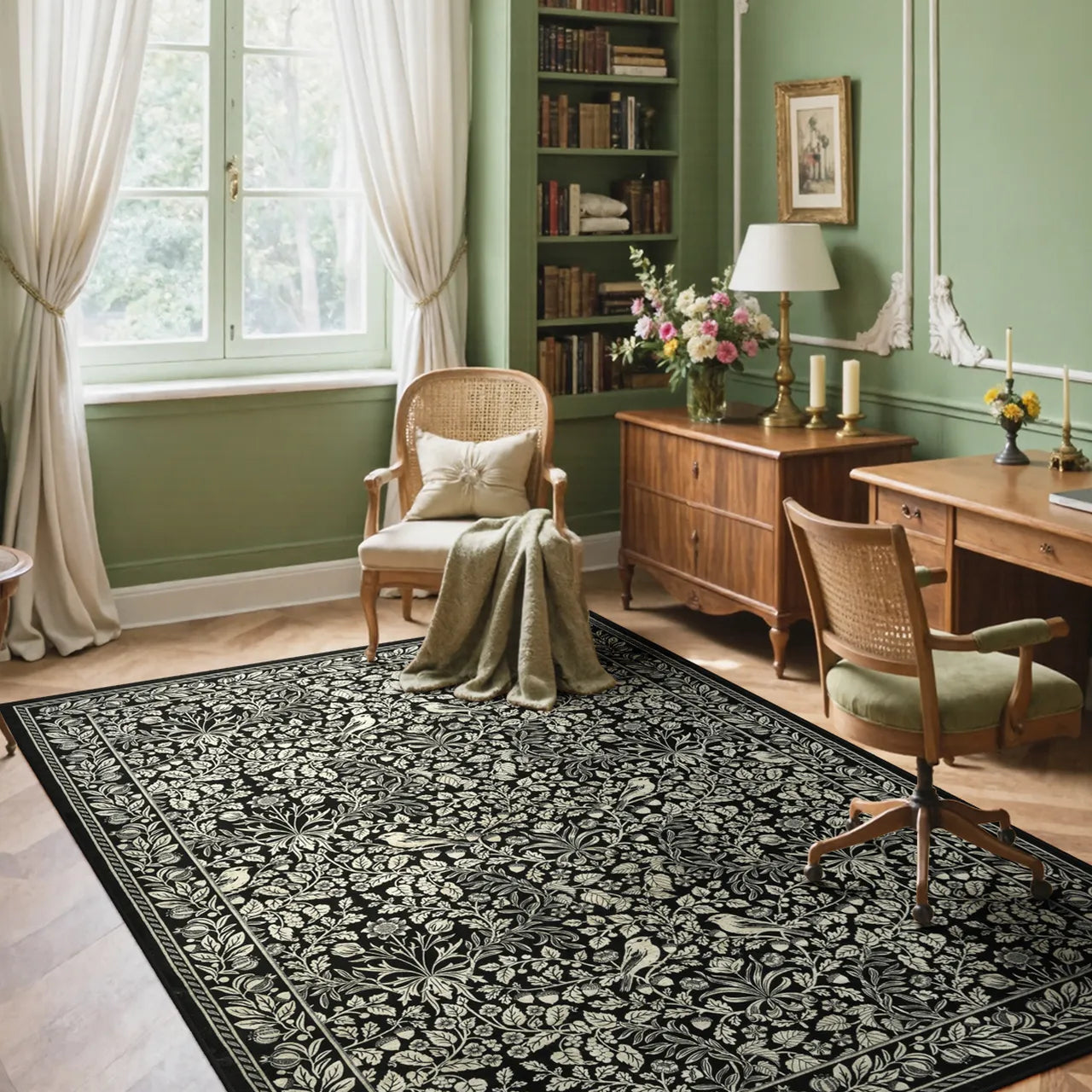 Mirage Washable Maximalism Vintage Blossom Black Rug Area Rugs Lahome 5' x 7'