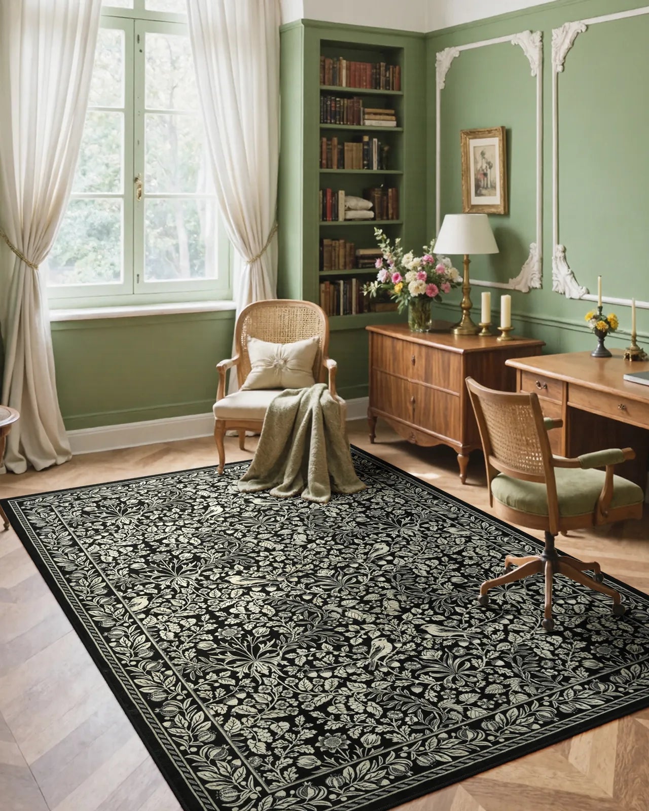 Mirage Washable Maximalism Vintage Blossom Black Rug Area Rugs Lahome 5' x 7'