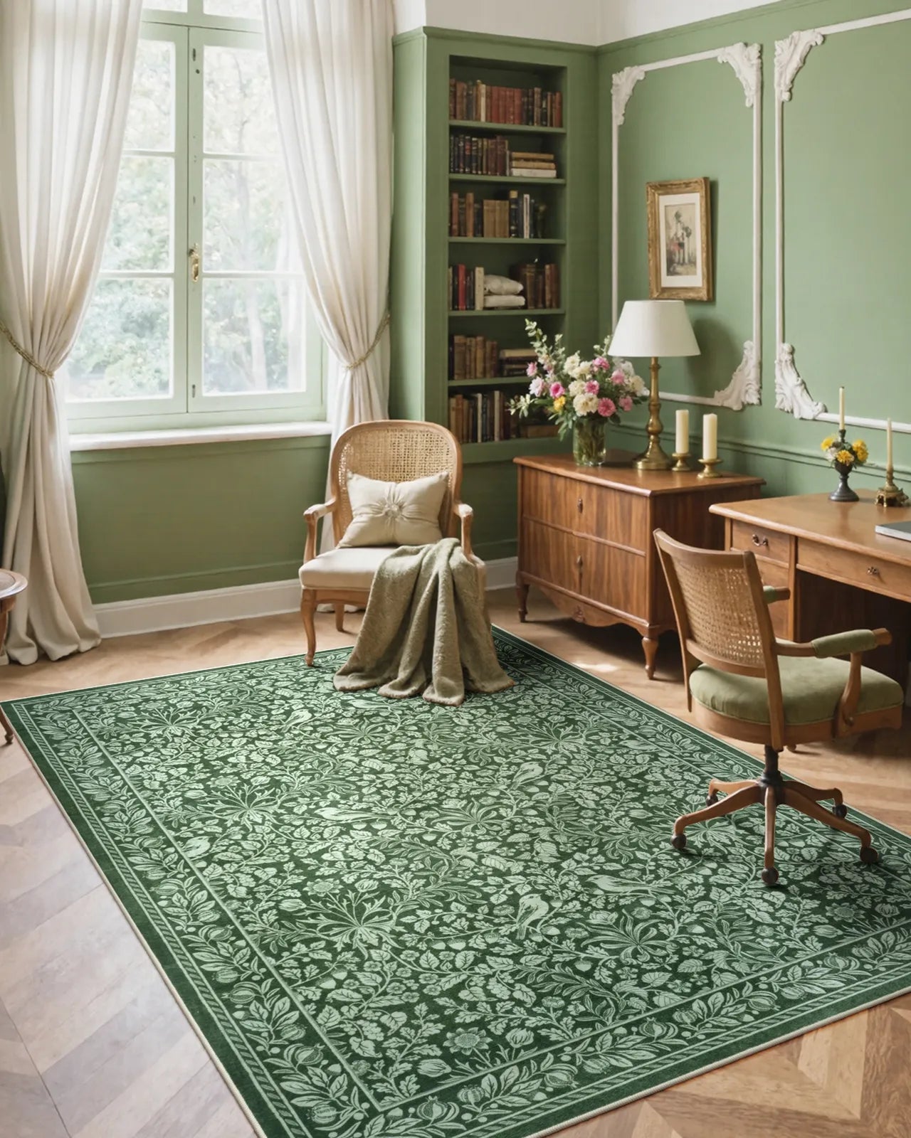 Mirage Washable Maximalism Vintage Blossom Green Rug Area Rugs Lahome