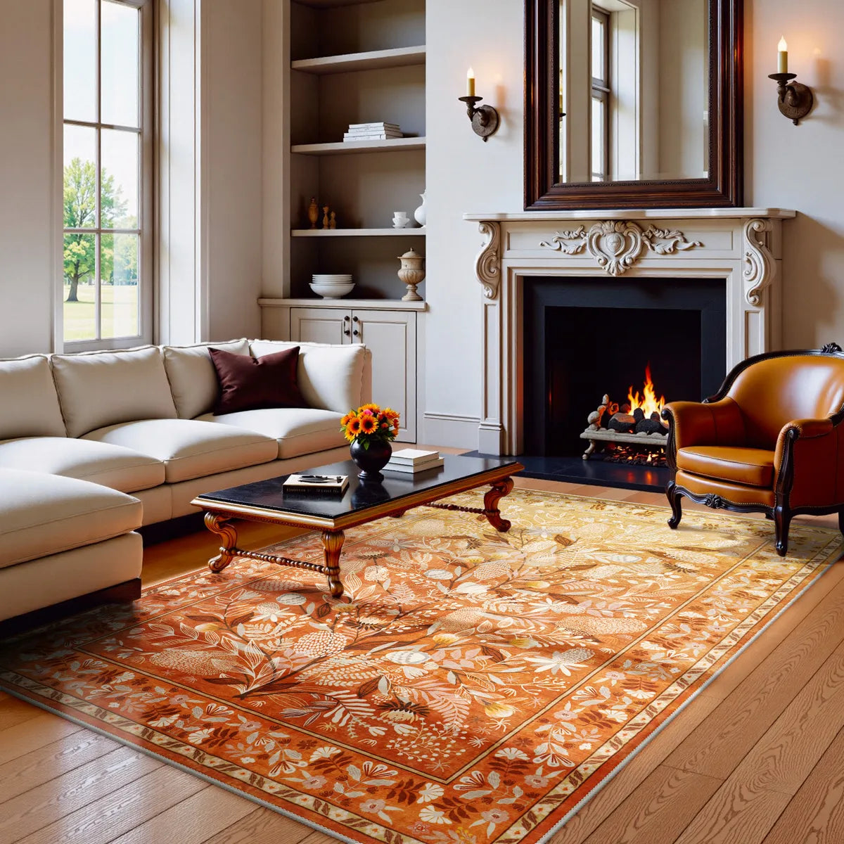 Alma Washable Modern Natural Botanical Floral Yellow Rug Area Rugs Lahome