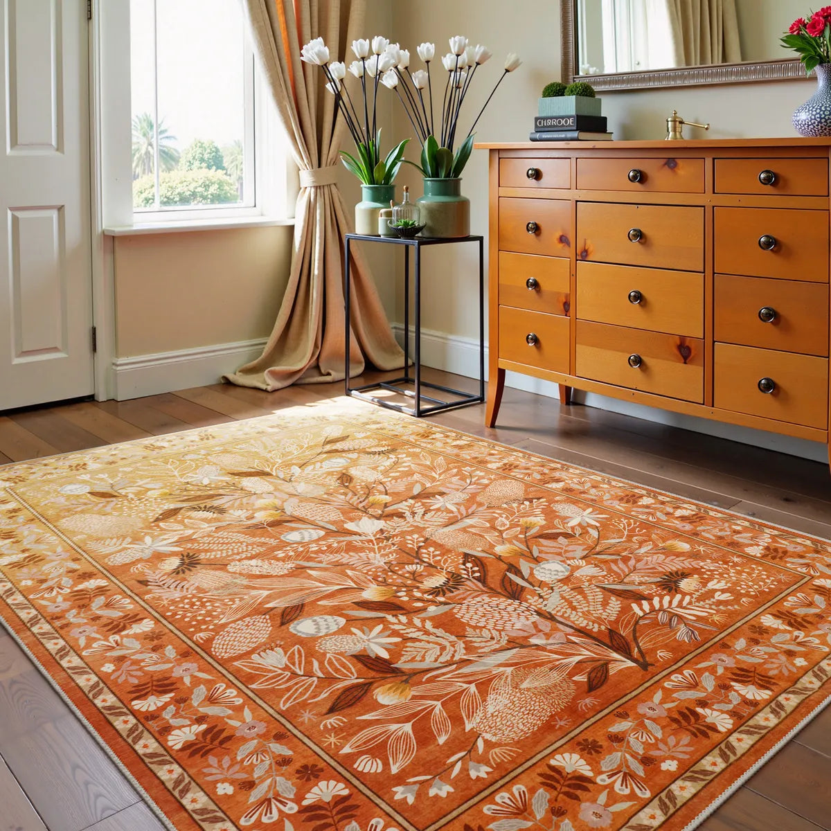 Alma Washable Modern Natural Botanical Floral Yellow Rug Area Rugs Lahome