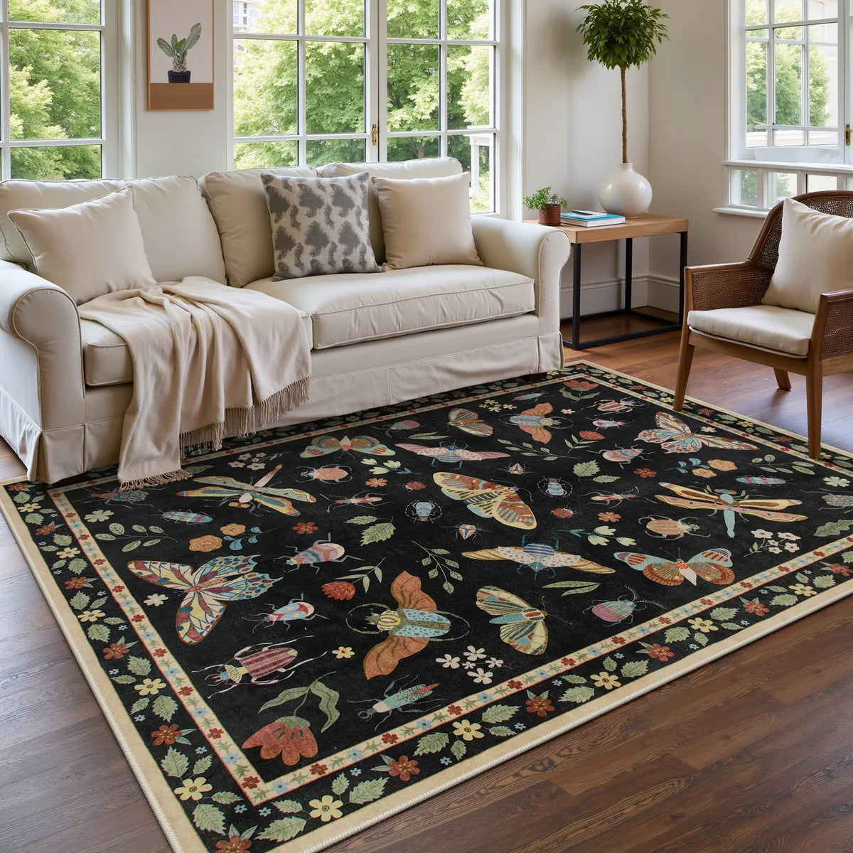 Vionnet Washable Modern Parisian Insect Black Rug Rugs Lahome 5' x 7'
