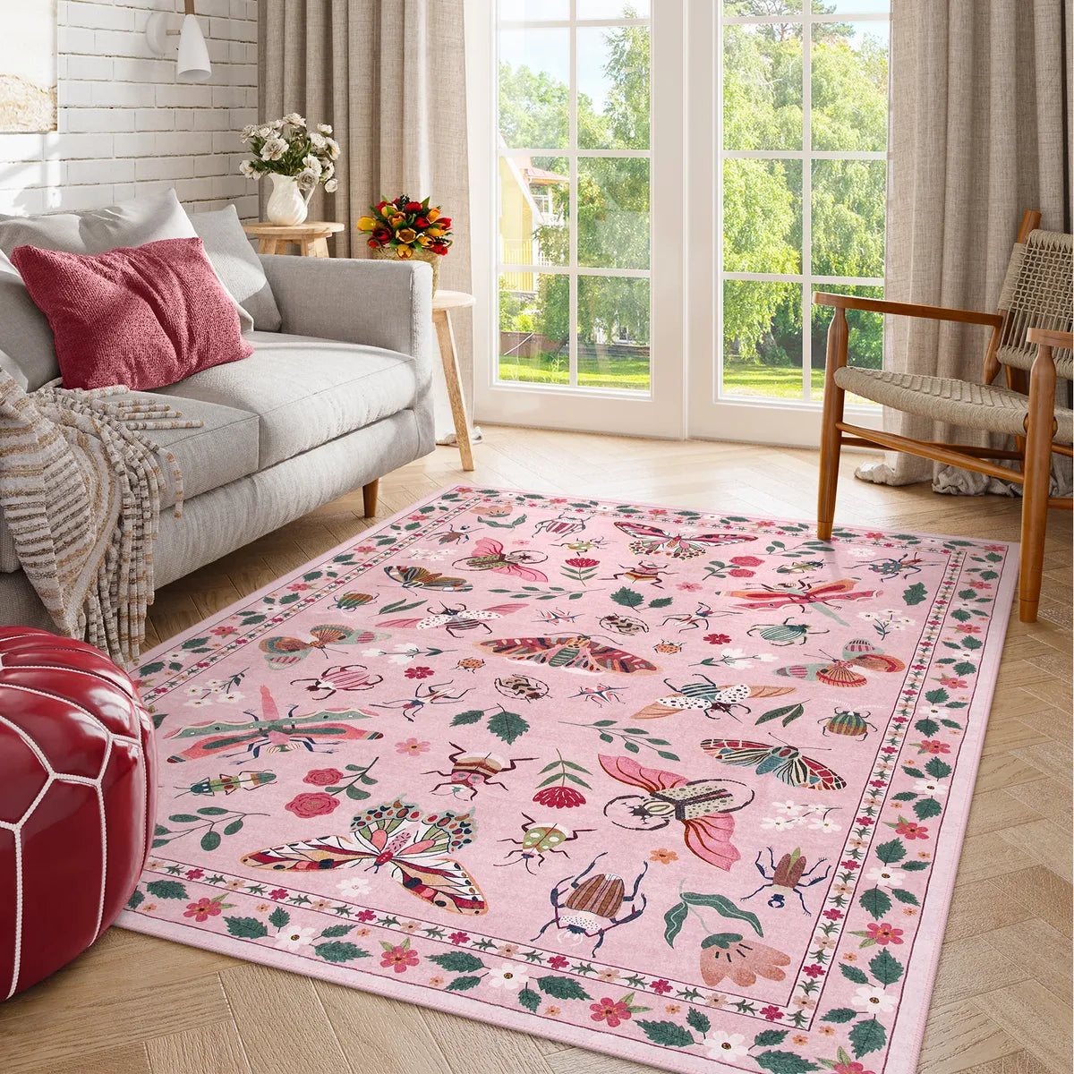 Vionnet Washable Modern Parisian Insect Pink Rug Area Rugs Lahome