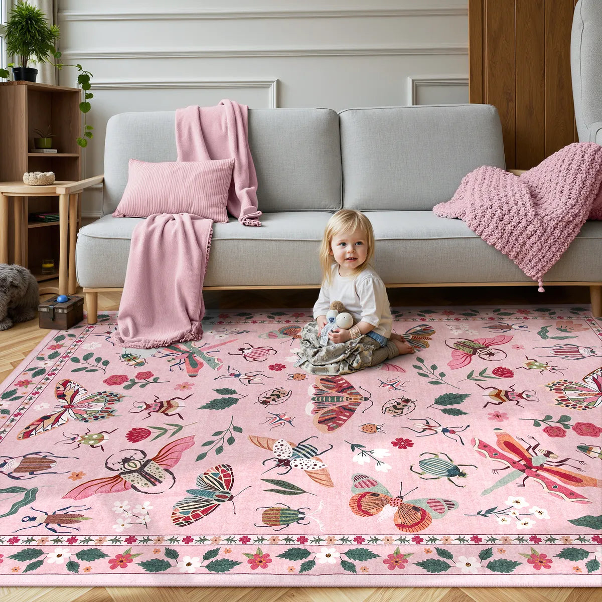 Vionnet Washable Modern Parisian Insect Pink Rug Area Rugs Lahome