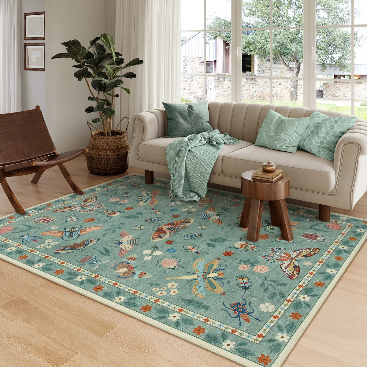 Vionnet Washable Modern Parisian Insect Light Green Rug Area Rugs Lahome 5' x 7'