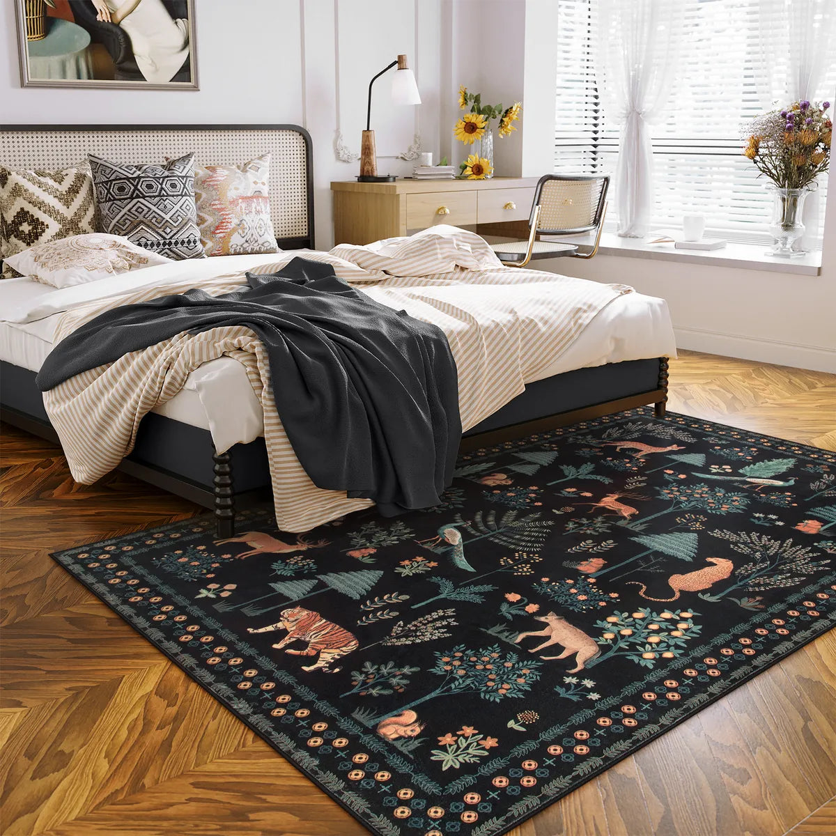 Cora Washable Modern Vibrant Jungle Animals Black Rug Clearance Rugs Lahome 5' x 7'