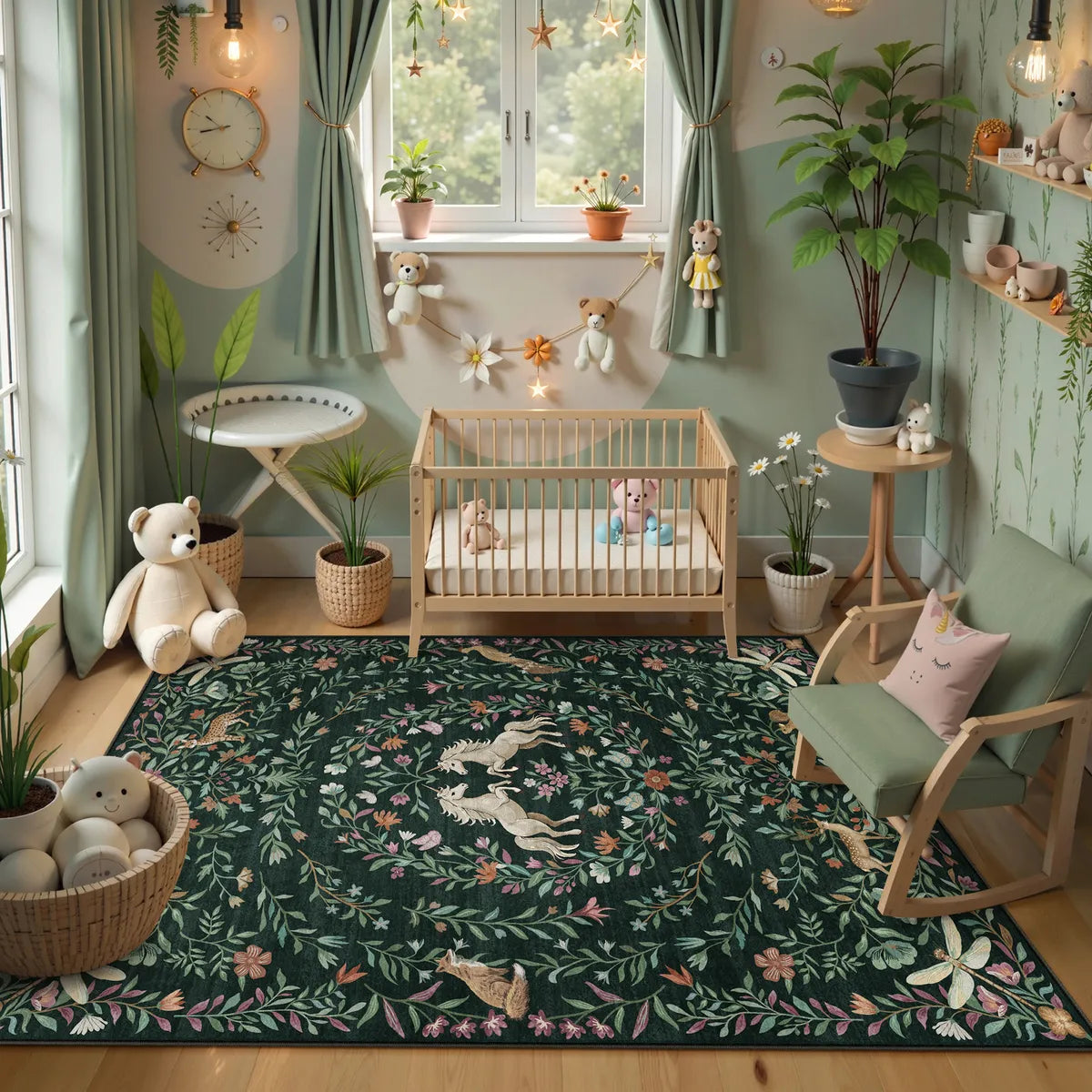 Myrrha Washable Fantasy Garden and Unicorn Dark Green Rug Area Rugs Lahome