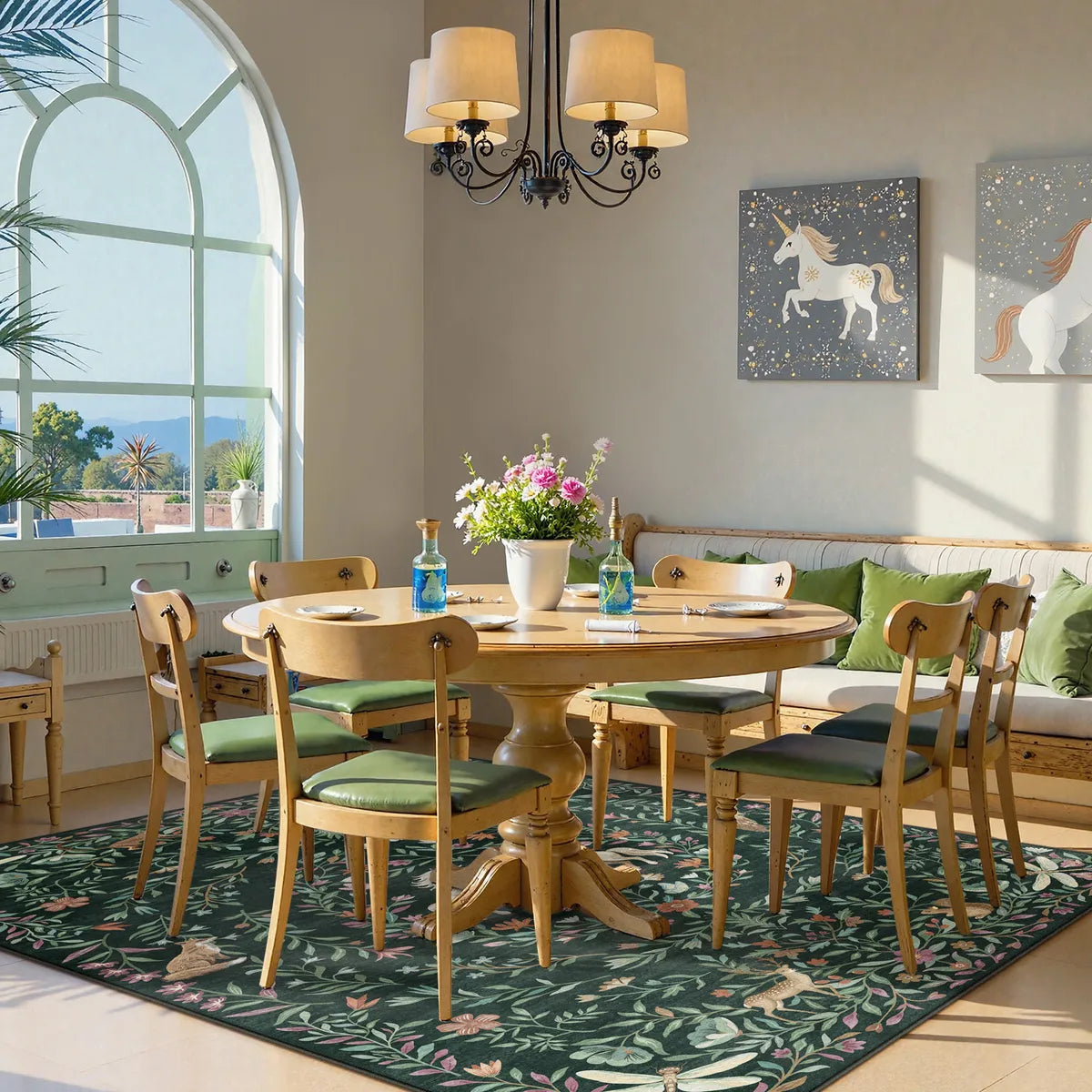 Myrrha Washable Fantasy Garden and Unicorn Dark Green Rug Area Rugs Lahome