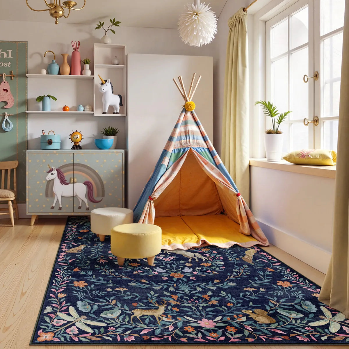 Myrrha Washable Fantasy Garden and Unicorn Navy Blue Rug Area Rugs Lahome