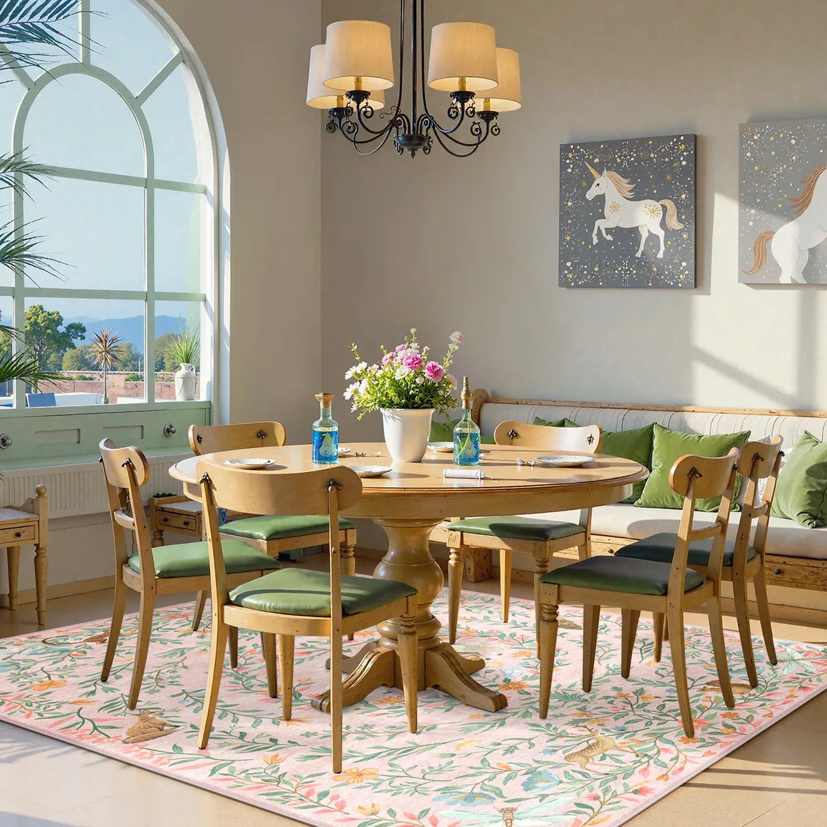 Myrrha Washable Fantasy Garden and Unicorn Pink Rug Area Rugs Lahome