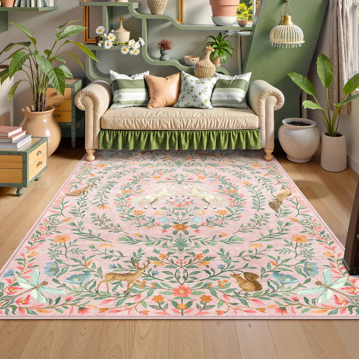 Myrrha Washable Fantasy Garden and Unicorn Pink Rug Area Rugs Lahome